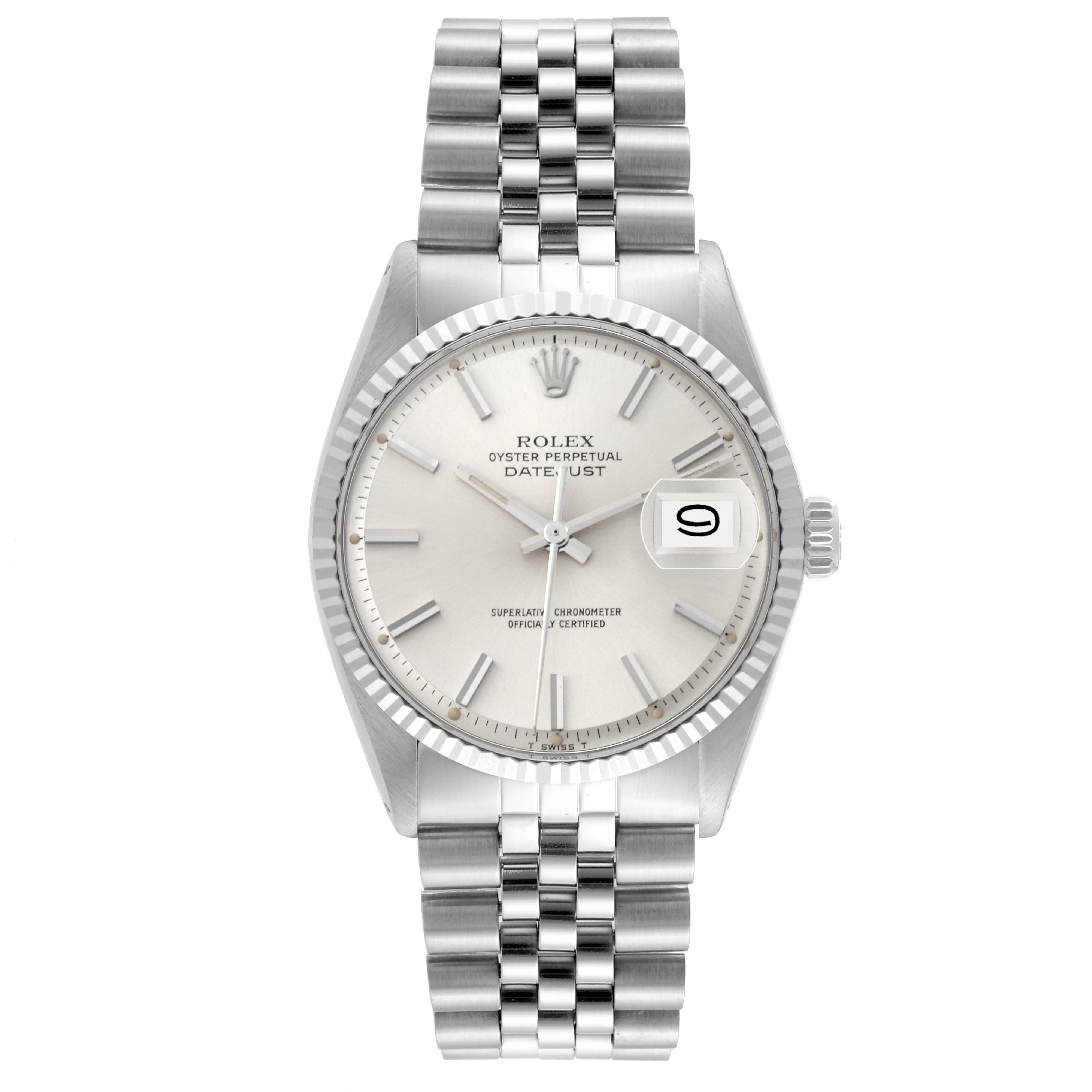 The image shows a front view of the Rolex Datejust 1601 Men's Stainless Steel Silver Dial 1601 Men's Stainless Steel Silver Dial watch, highlighting its face, bezel, bracelet, and date window.