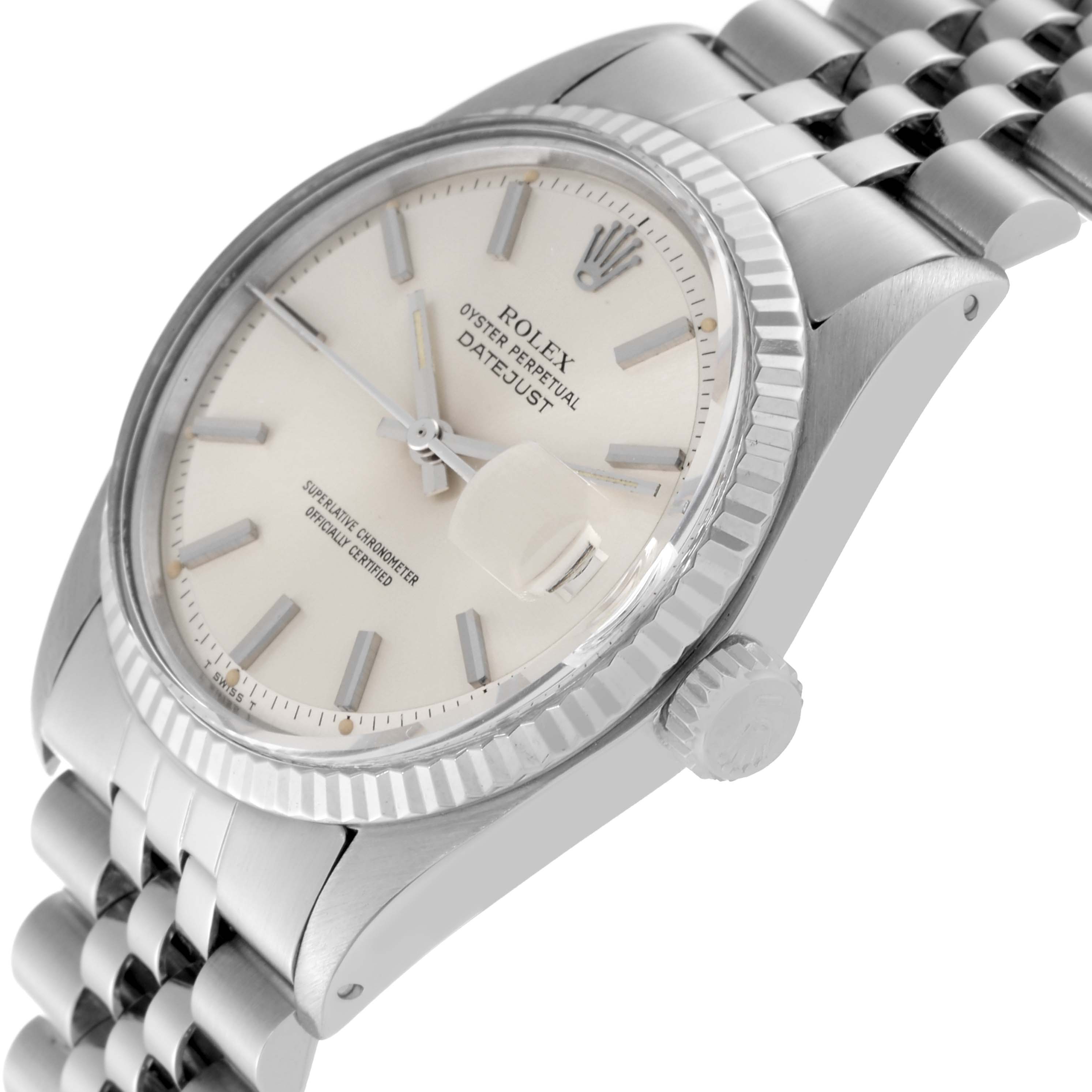 This image shows a side angle of the Rolex Datejust 1601 Men's Stainless Steel Silver Dial 1601 Men's Stainless Steel Silver Dial watch, highlighting the dial, bezel, crown, and part of the bracelet.