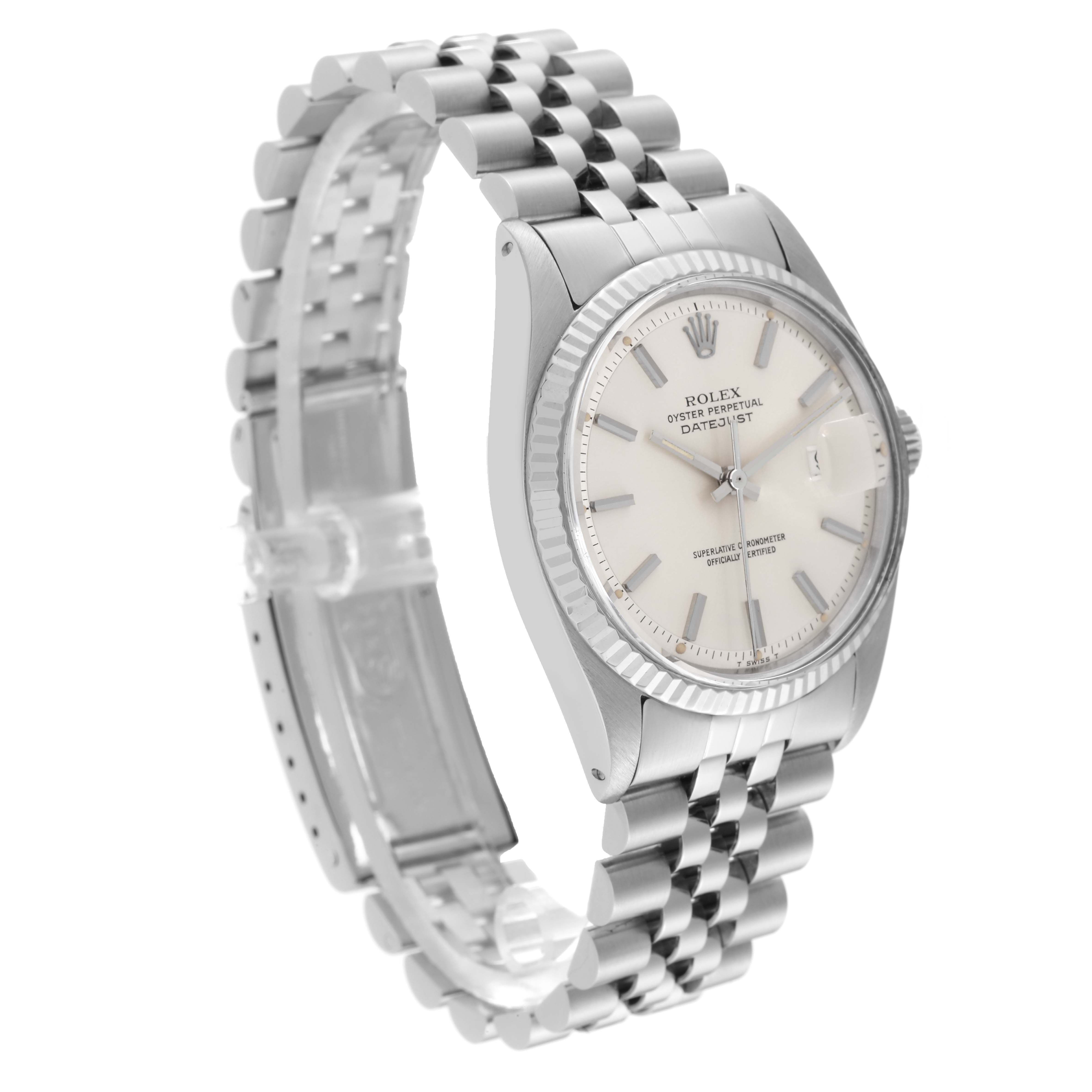 The Rolex Datejust 1601 Men's Stainless Steel Silver Dial 1601 Men's Stainless Steel Silver Dial watch is shown from an angled side view, displaying its bracelet, case, and dial.