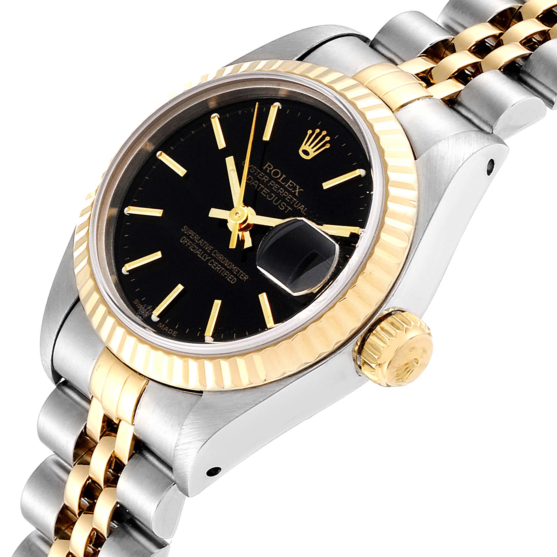 This image shows a close-up, angled view of the Rolex Datejust 69173 Women
s Steel and Gold (two tone) Black Dial 69173 Women
s Steel and Gold (two tone) Black Dial watch, highlighting the black dial, gold bezel, and two-tone bracelet.