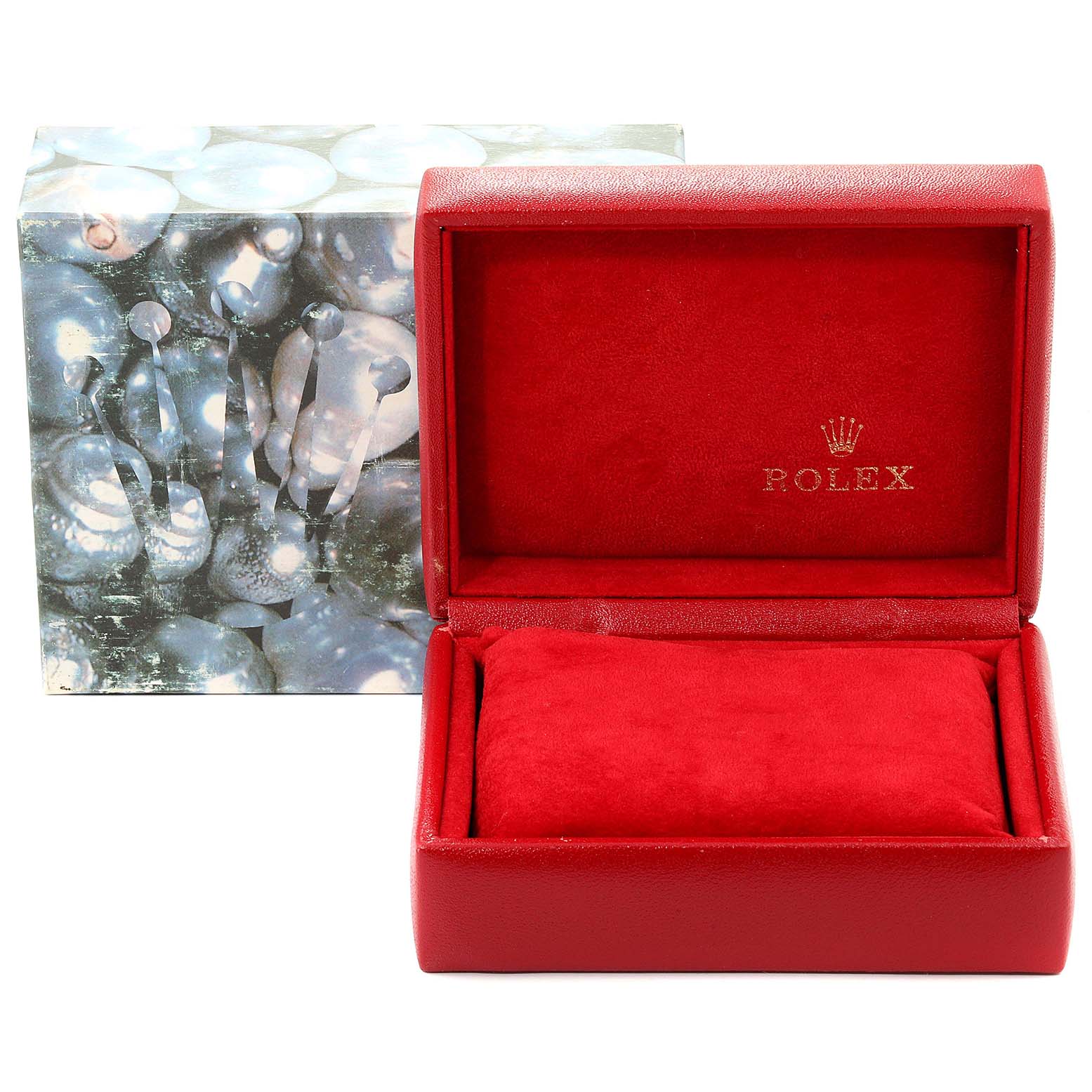 The image shows an open red Rolex Datejust 69173 Women
s Steel and Gold (two tone) Black Dial 69173 Women
s Steel and Gold (two tone) Black Dial watch box and an outer decorative box in the background.