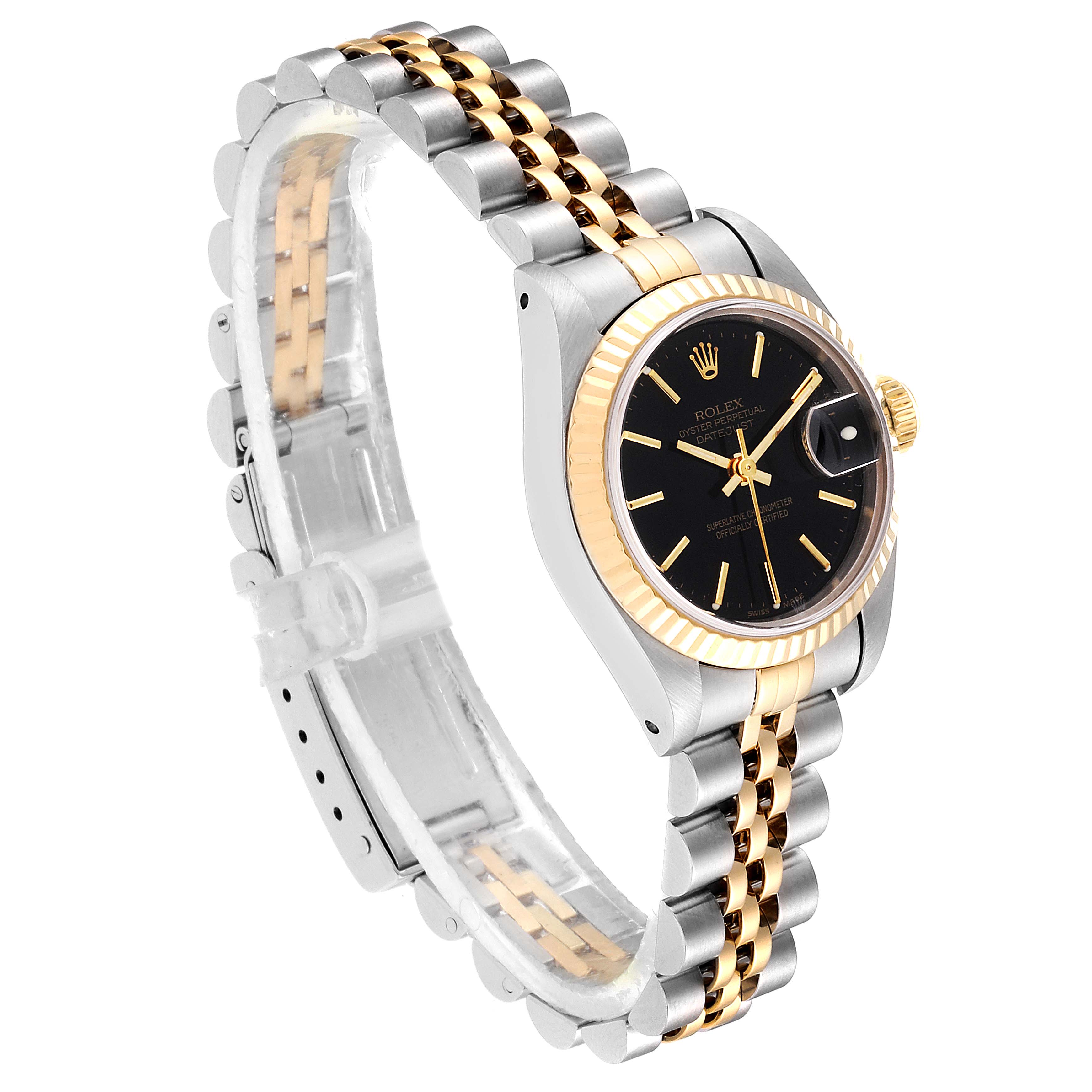 The image shows a Rolex Datejust 69173 Women
s Steel and Gold (two tone) Black Dial 69173 Women
s Steel and Gold (two tone) Black Dial watch from a side angle, highlighting the two-tone bracelet, black dial, and fluted bezel.
