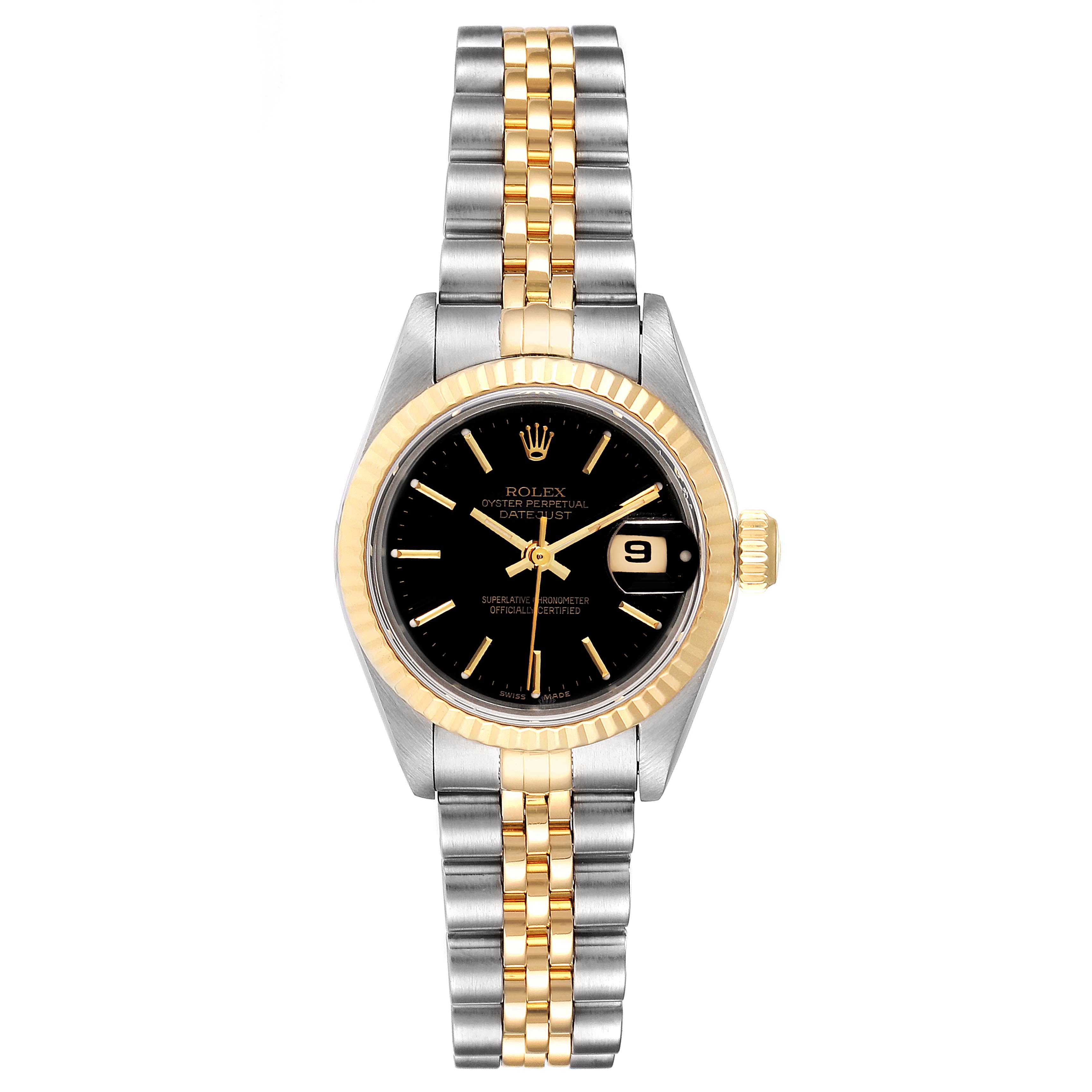 The Rolex Datejust 69173 Women
s Steel and Gold (two tone) Black Dial 69173 Women
s Steel and Gold (two tone) Black Dial watch is shown from the front, displaying its black dial, gold fluted bezel, and two-tone Jubilee bracelet.