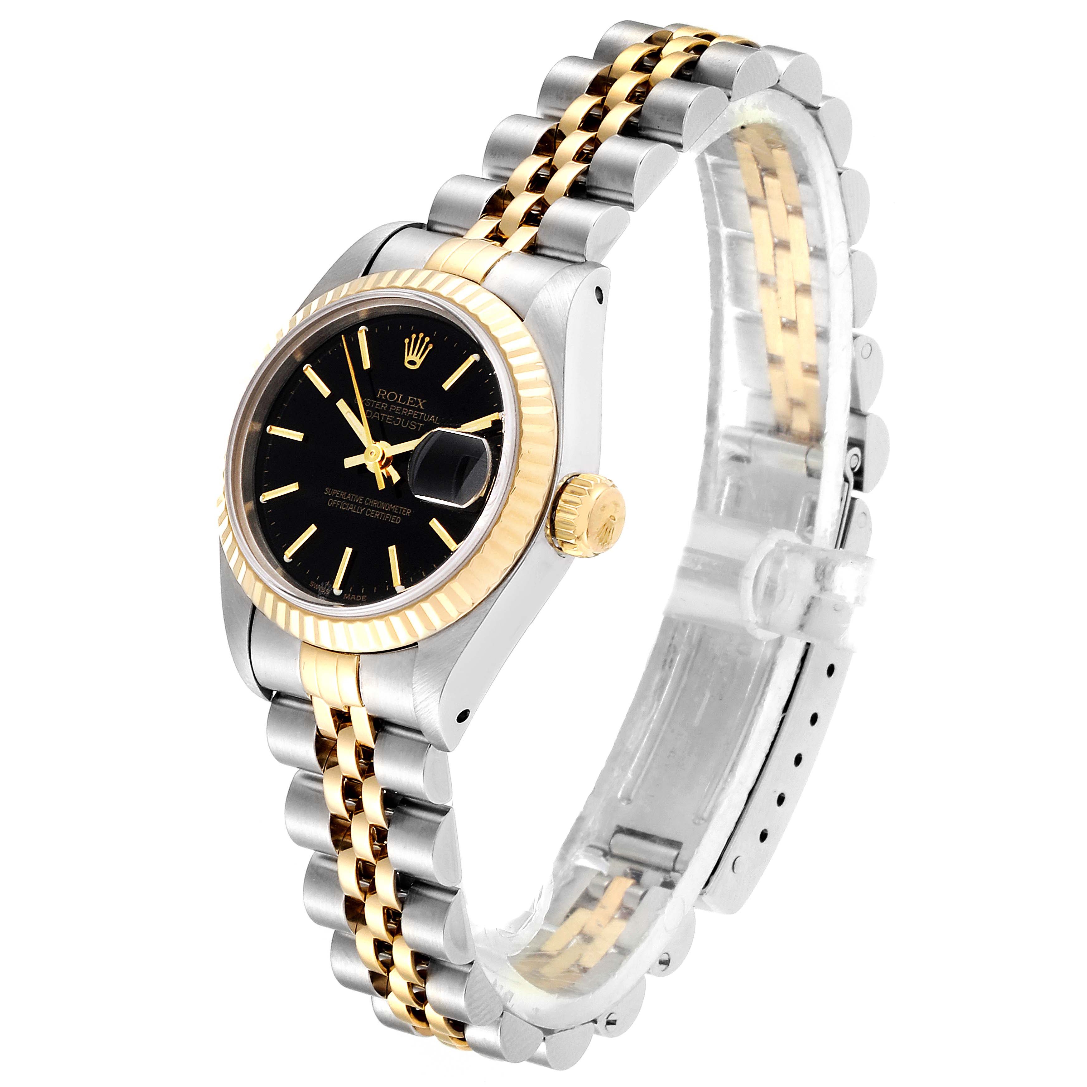 This image shows a Rolex Datejust 69173 Women
s Steel and Gold (two tone) Black Dial 69173 Women
s Steel and Gold (two tone) Black Dial watch at a three-quarter angle, highlighting its black dial, fluted bezel, jubilee bracelet, and cyclops lens.