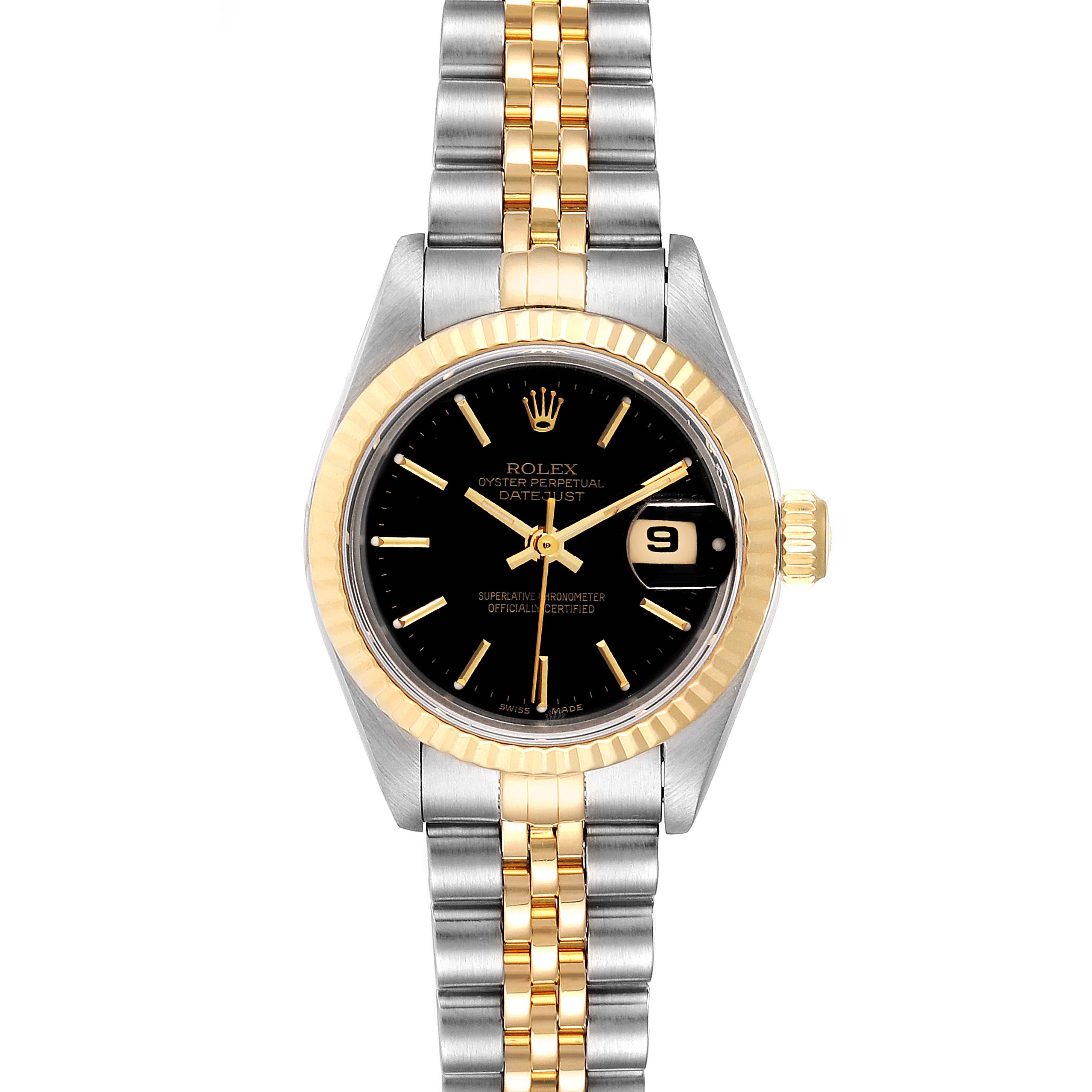 This Rolex Datejust 69173 Women
s Steel and Gold (two tone) Black Dial 69173 Women
s Steel and Gold (two tone) Black Dial watch is shown from a front angle, displaying the face, bezel, crown, and bracelet.