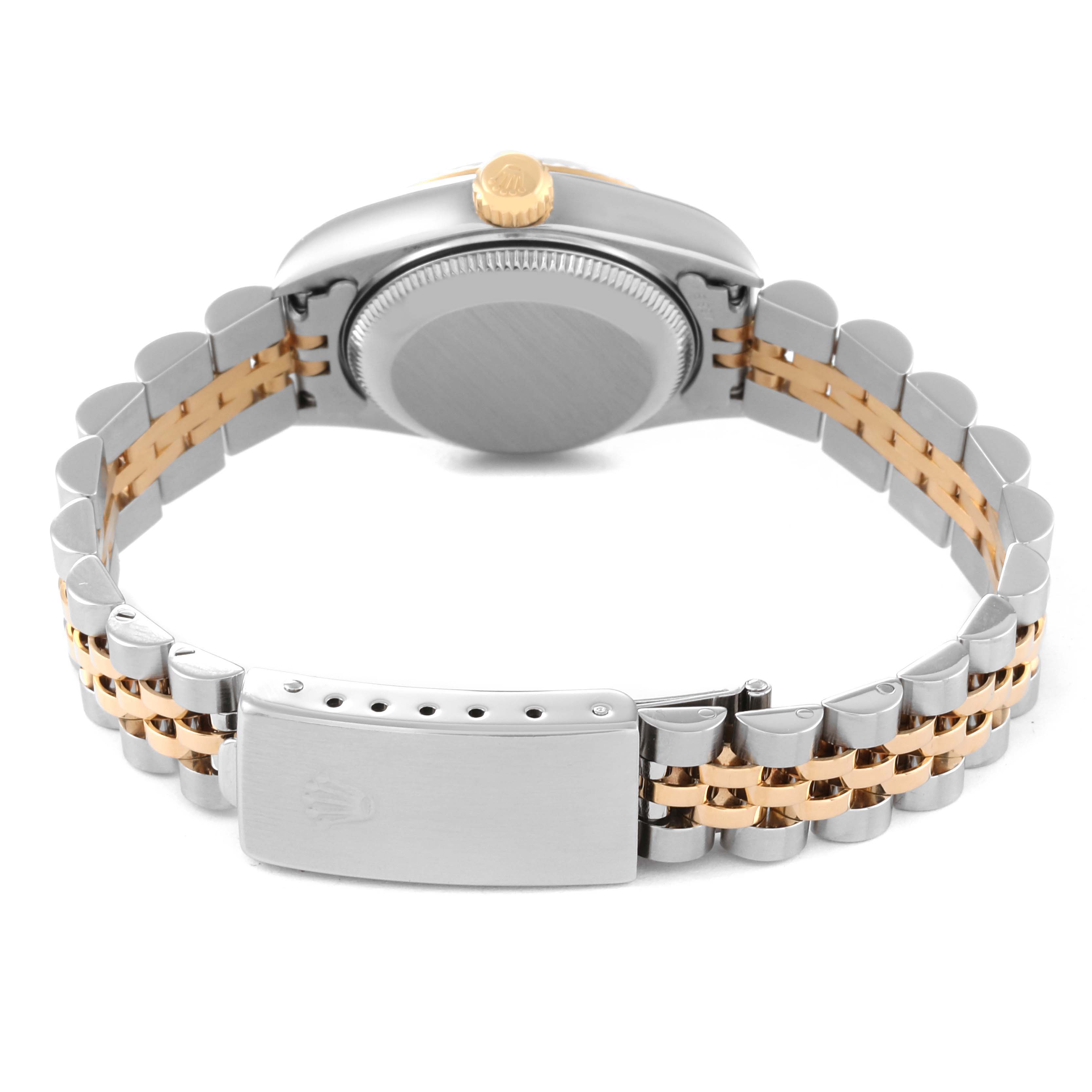 This image shows the back and bracelet of a Rolex Datejust 79173 Women's Steel and Gold (two tone) Black Dial 79173 Women's Steel and Gold (two tone) Black Dial watch, including the clasp and crown.