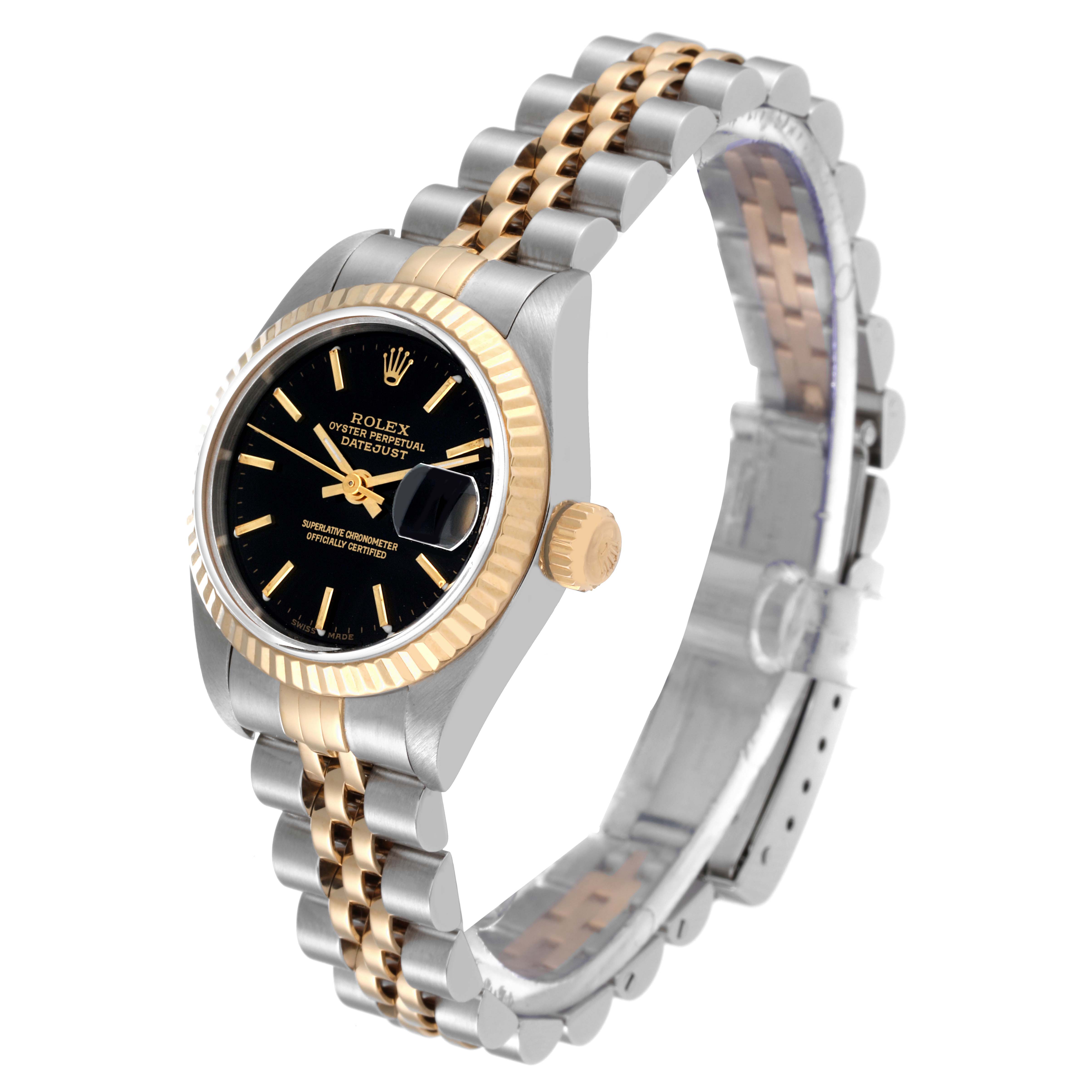 The Rolex Datejust 79173 Women's Steel and Gold (two tone) Black Dial 79173 Women's Steel and Gold (two tone) Black Dial watch is shown at a 3/4 angle, displaying the face, crown, and two-tone Jubilee bracelet.
