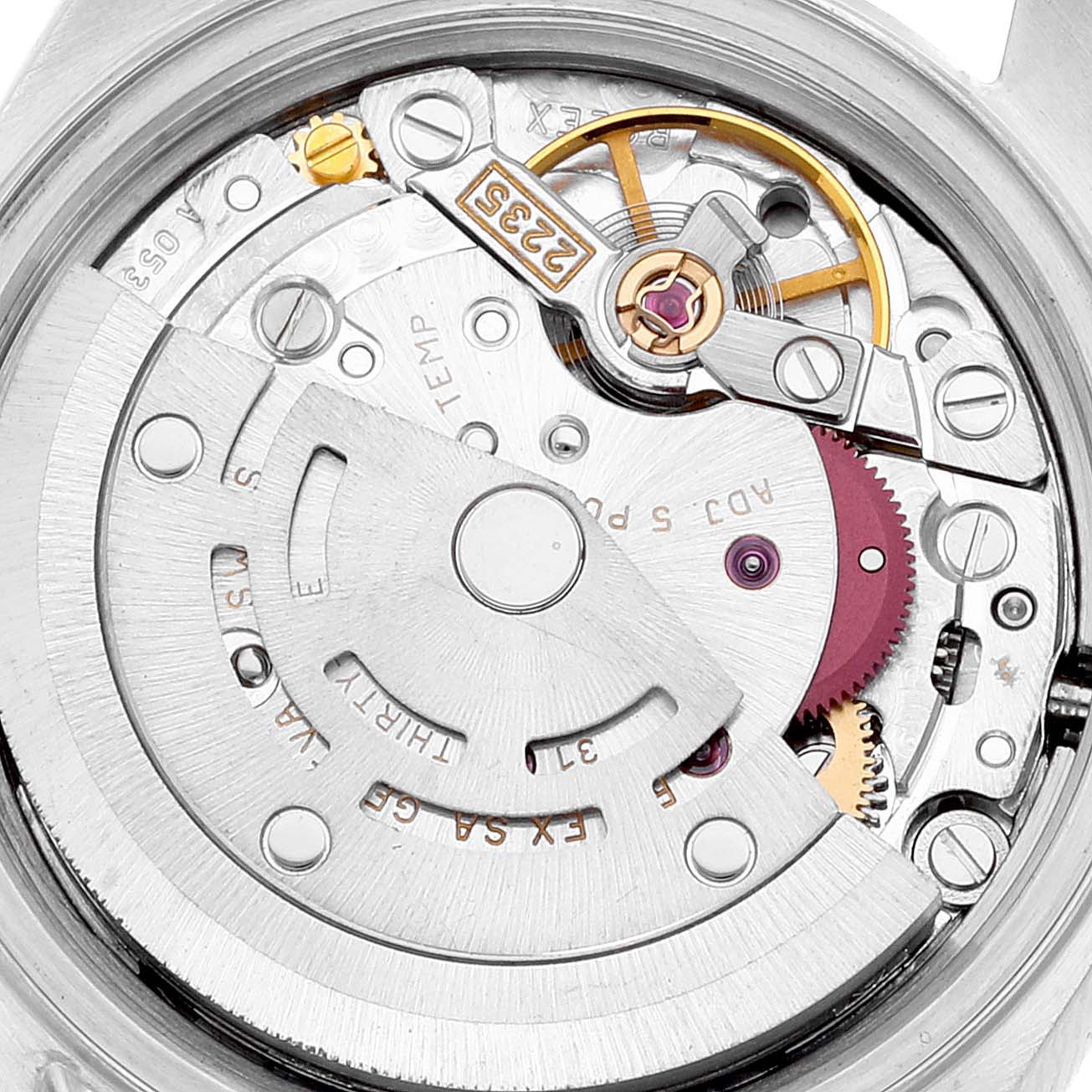 This image shows the intricate internal movement components of the Rolex Datejust 79173 Women's Steel and Gold (two tone) Black Dial 79173 Women's Steel and Gold (two tone) Black Dial watch from a rear angle.