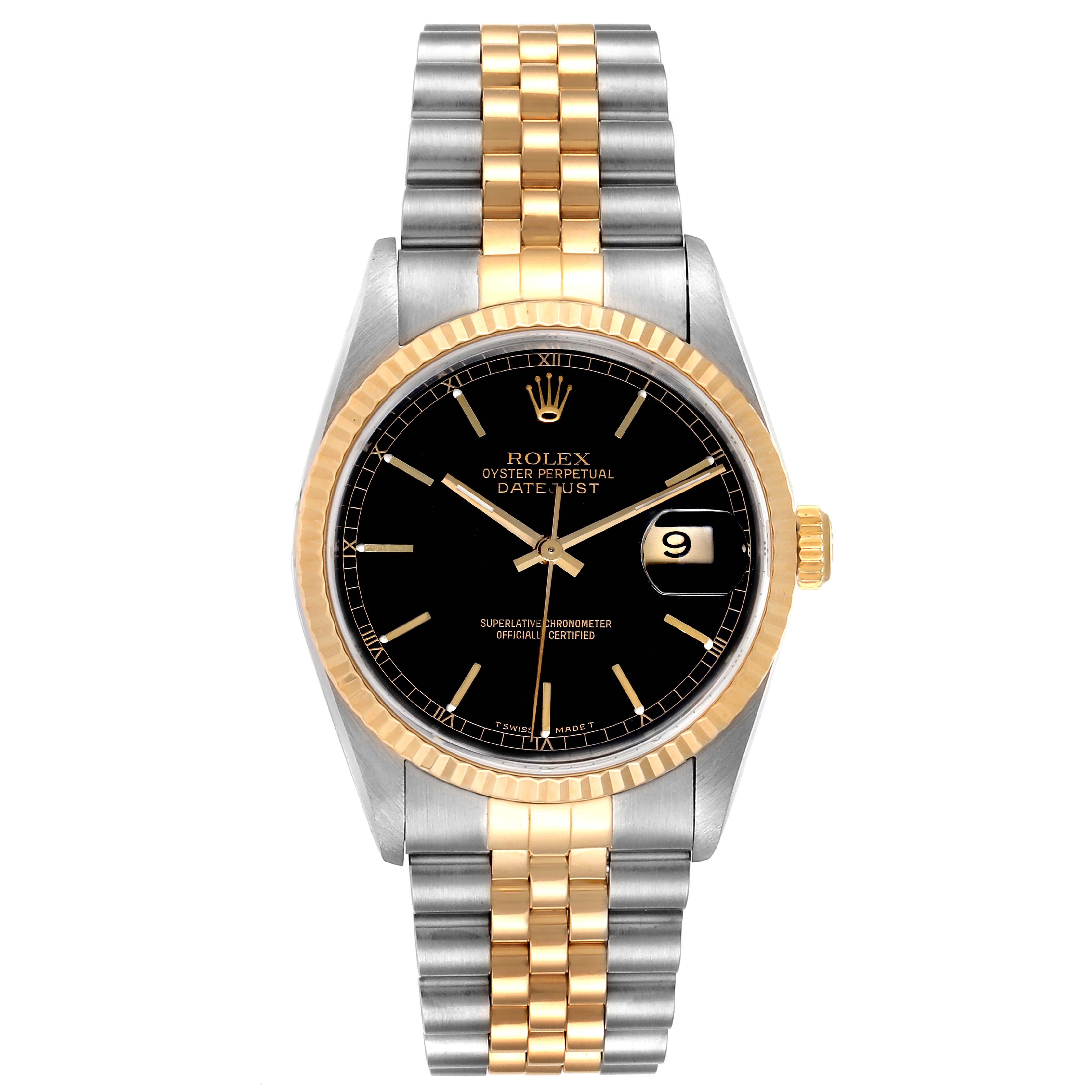 This is a front view of a Rolex Datejust 16233 Men
s Steel and Gold (two tone) Black Dial 16233 Men
s Steel and Gold (two tone) Black Dial watch, featuring a two-tone bracelet and a black dial.