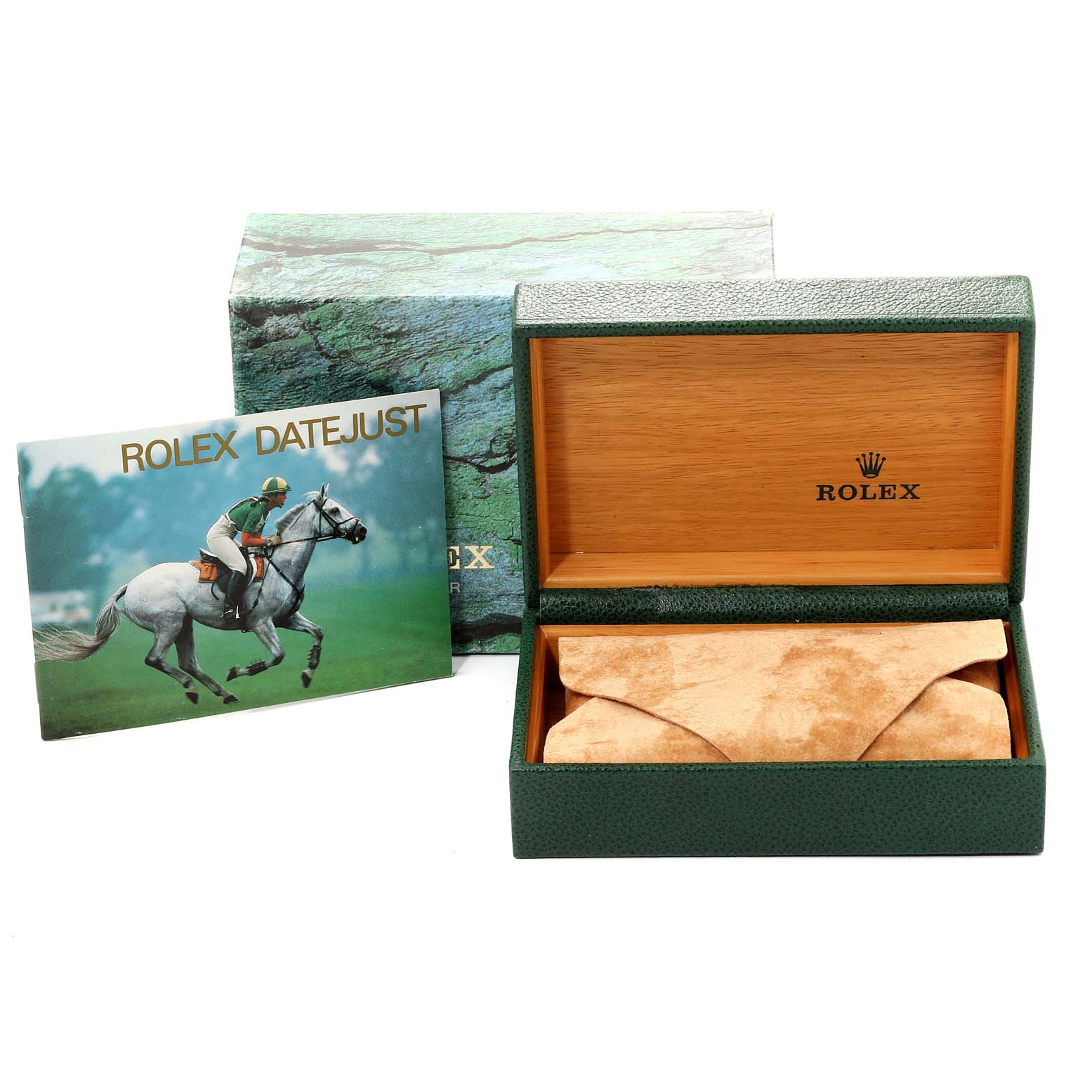 The image shows the packaging, storage box, and booklet for the Rolex Datejust 16233 Men
s Steel and Gold (two tone) Black Dial 16233 Men
s Steel and Gold (two tone) Black Dial model watch.