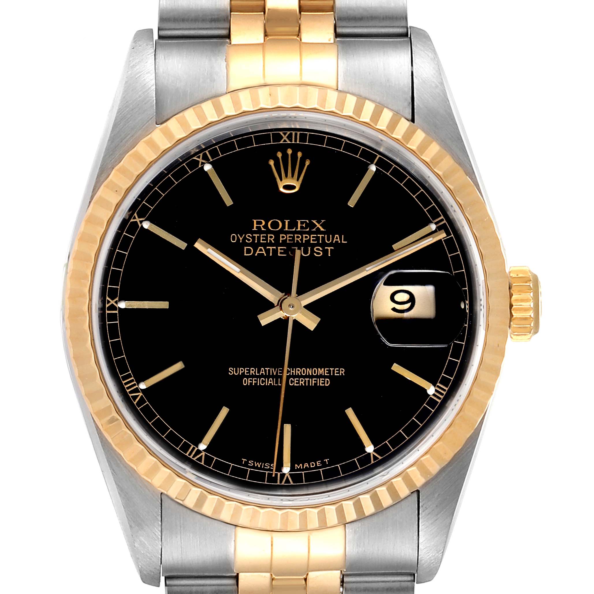 The image shows a front view of the Rolex Datejust 16233 Men
s Steel and Gold (two tone) Black Dial 16233 Men
s Steel and Gold (two tone) Black Dial watch, featuring a black dial, gold fluted bezel, and a two-tone bracelet.