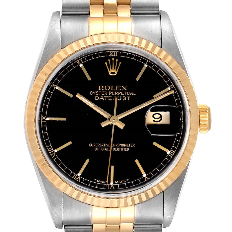 Rolex Datejust Steel Yellow Gold Black Dial Mens Watch 16233 Box SwissWatchExpo