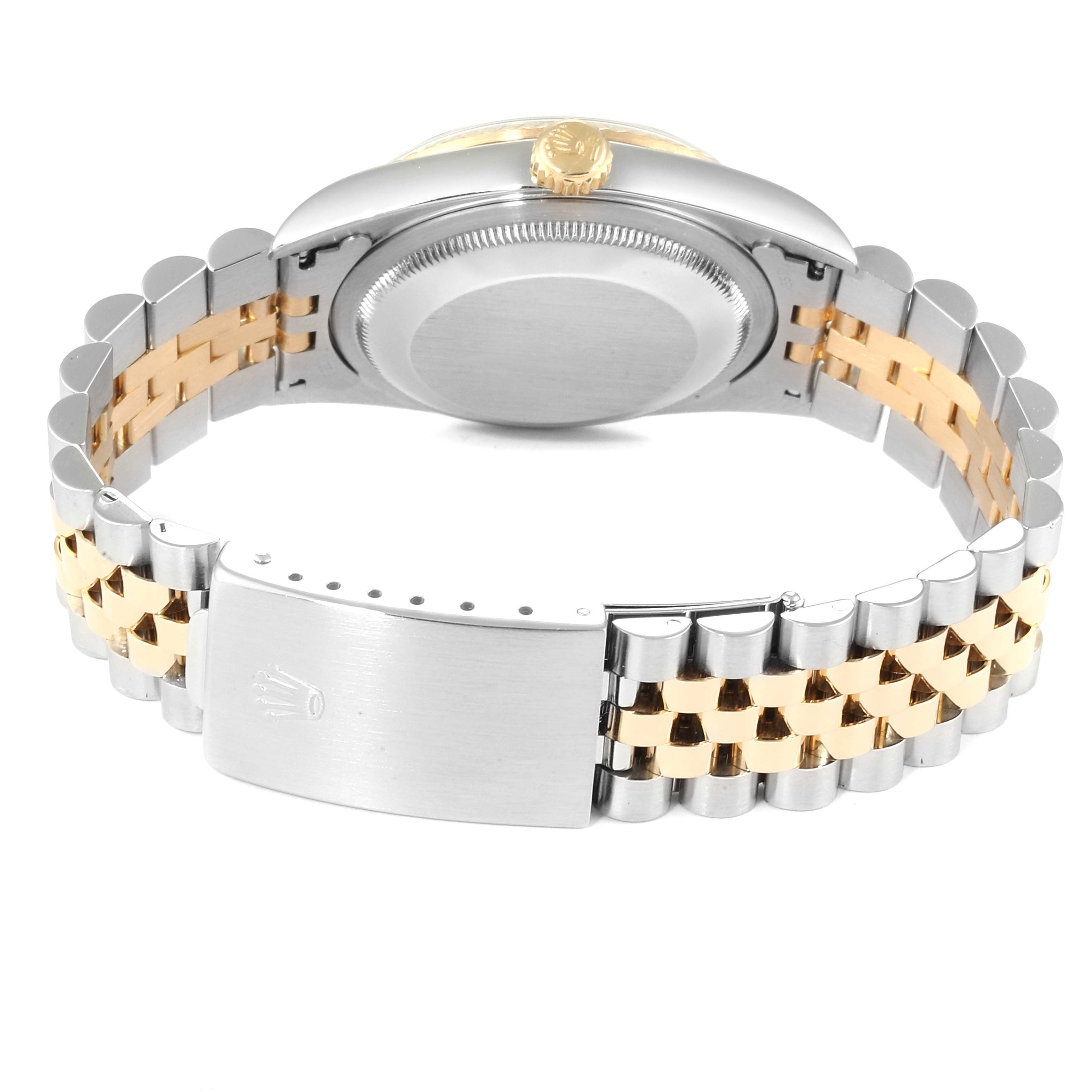 This image shows the back view of a Rolex Datejust 16233 Men
s Steel and Gold (two tone) Black Dial 16233 Men
s Steel and Gold (two tone) Black Dial watch, highlighting the case back, crown, and two-tone jubilee bracelet with clasp.