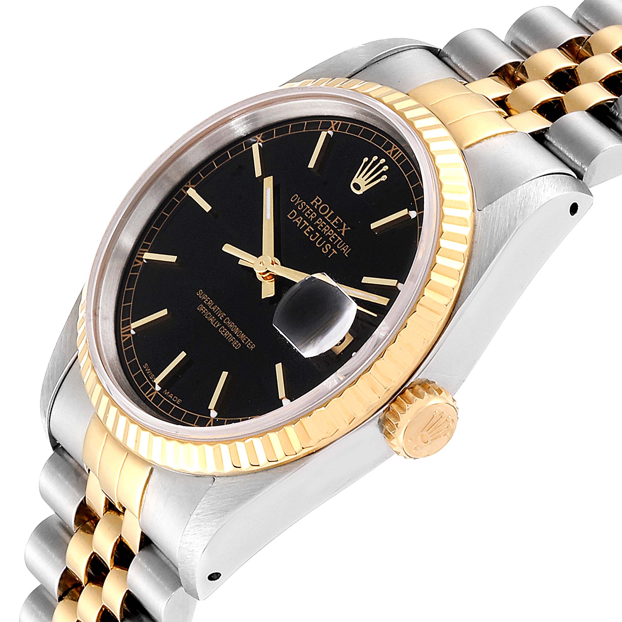 This image shows a side angle of the Rolex Datejust 16233 Men's Steel and Gold (two tone) Black Dial 16233 Men's Steel and Gold (two tone) Black Dial watch, highlighting its black dial, gold fluted bezel, and two-tone bracelet.