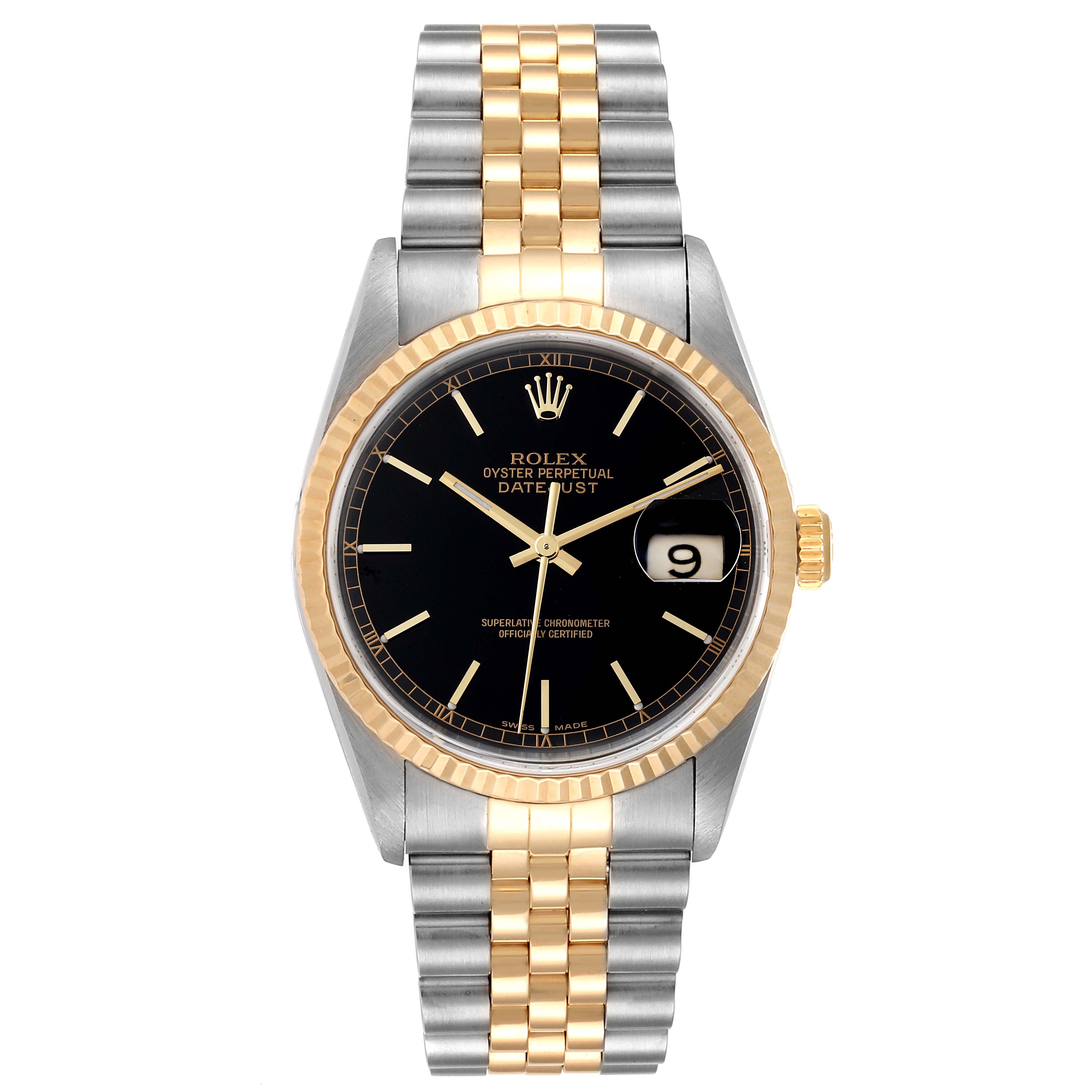 The image shows a front-facing view of a Rolex Datejust 16233 Men's Steel and Gold (two tone) Black Dial 16233 Men's Steel and Gold (two tone) Black Dial watch with a black dial and a two-tone jubilee bracelet.