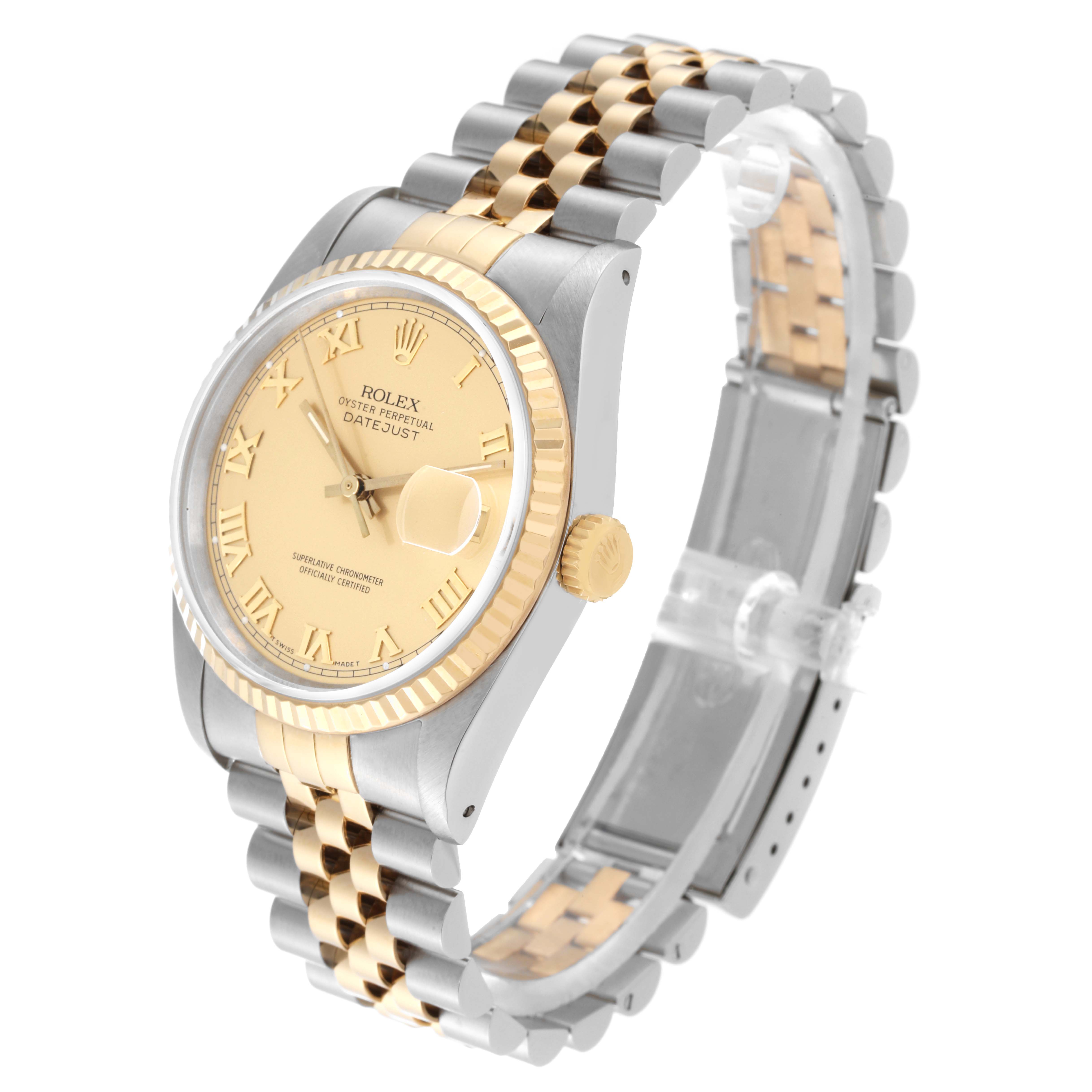 The Rolex Datejust 16233 Men's Steel and Gold (two tone) Champagne Dial 16233 Men's Steel and Gold (two tone) Champagne Dial watch is shown at an angle highlighting its gold and silver bracelet, fluted bezel, and champagne dial.