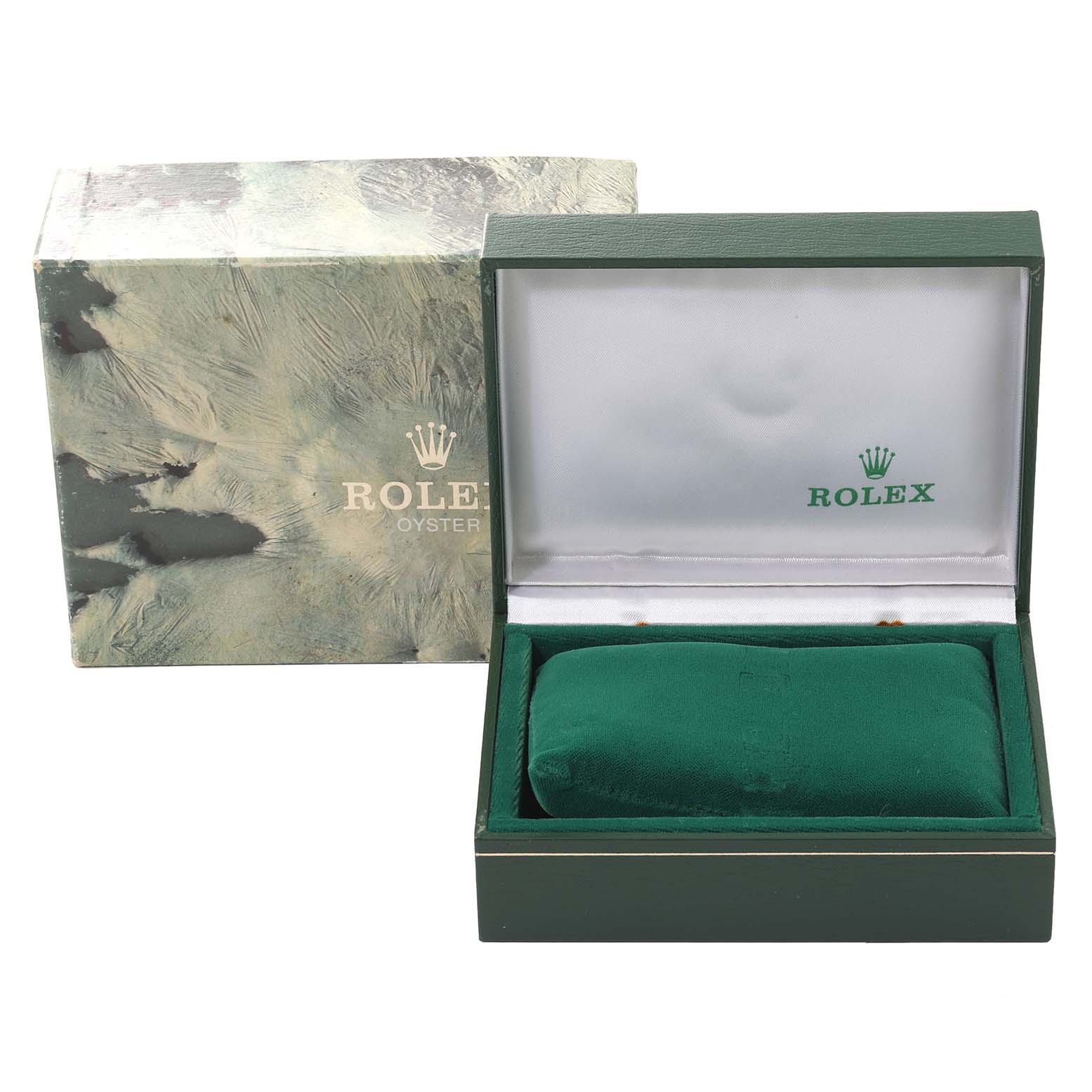 This image shows the box and pillow for a Rolex Datejust 16233 Men's Steel and Gold (two tone) Champagne Dial 16233 Men's Steel and Gold (two tone) Champagne Dial watch from a front angle.
