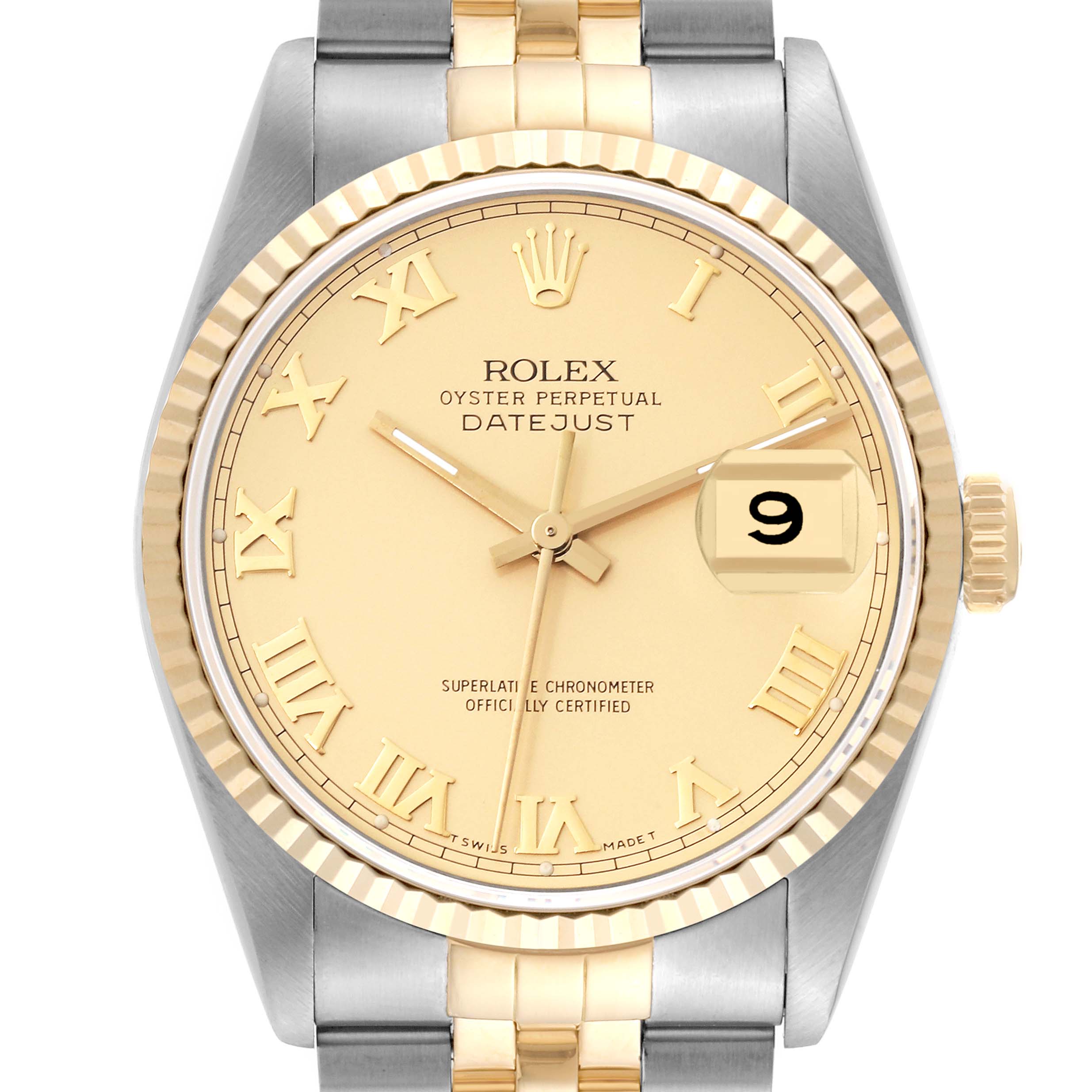 This image shows a frontal view of a Rolex Datejust 16233 Men's Steel and Gold (two tone) Champagne Dial 16233 Men's Steel and Gold (two tone) Champagne Dial watch featuring a gold dial, Roman numerals, and a two-tone bracelet.