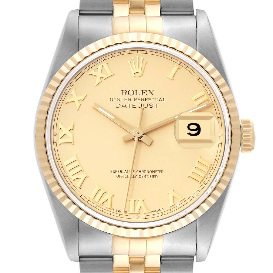 This image shows a frontal view of a Rolex Datejust watch featuring a gold dial, Roman numerals, and a two-tone bracelet.