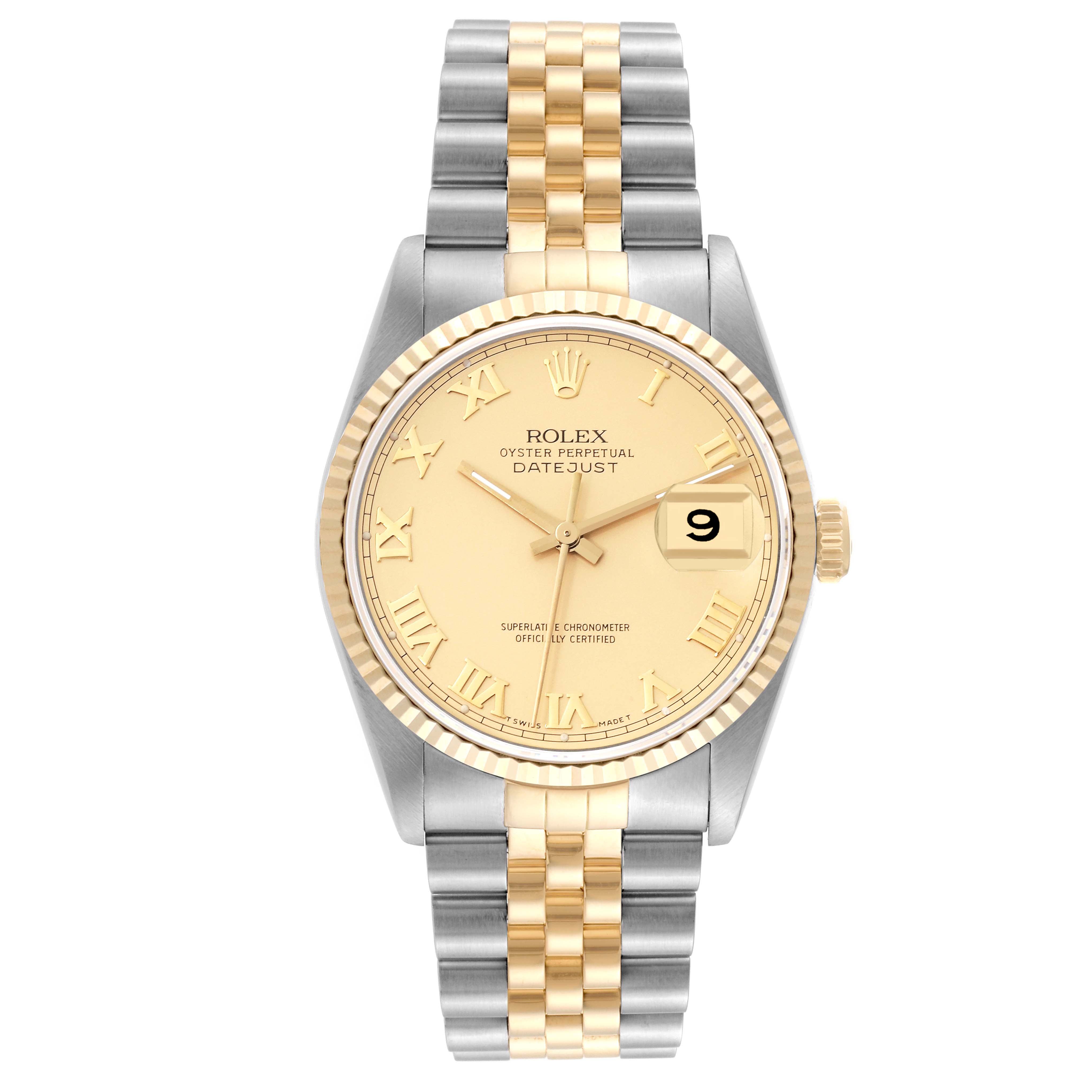 The image shows a front view of a Rolex Datejust 16233 Men's Steel and Gold (two tone) Champagne Dial 16233 Men's Steel and Gold (two tone) Champagne Dial watch, highlighting its gold and silver bracelet, fluted bezel, and date window.