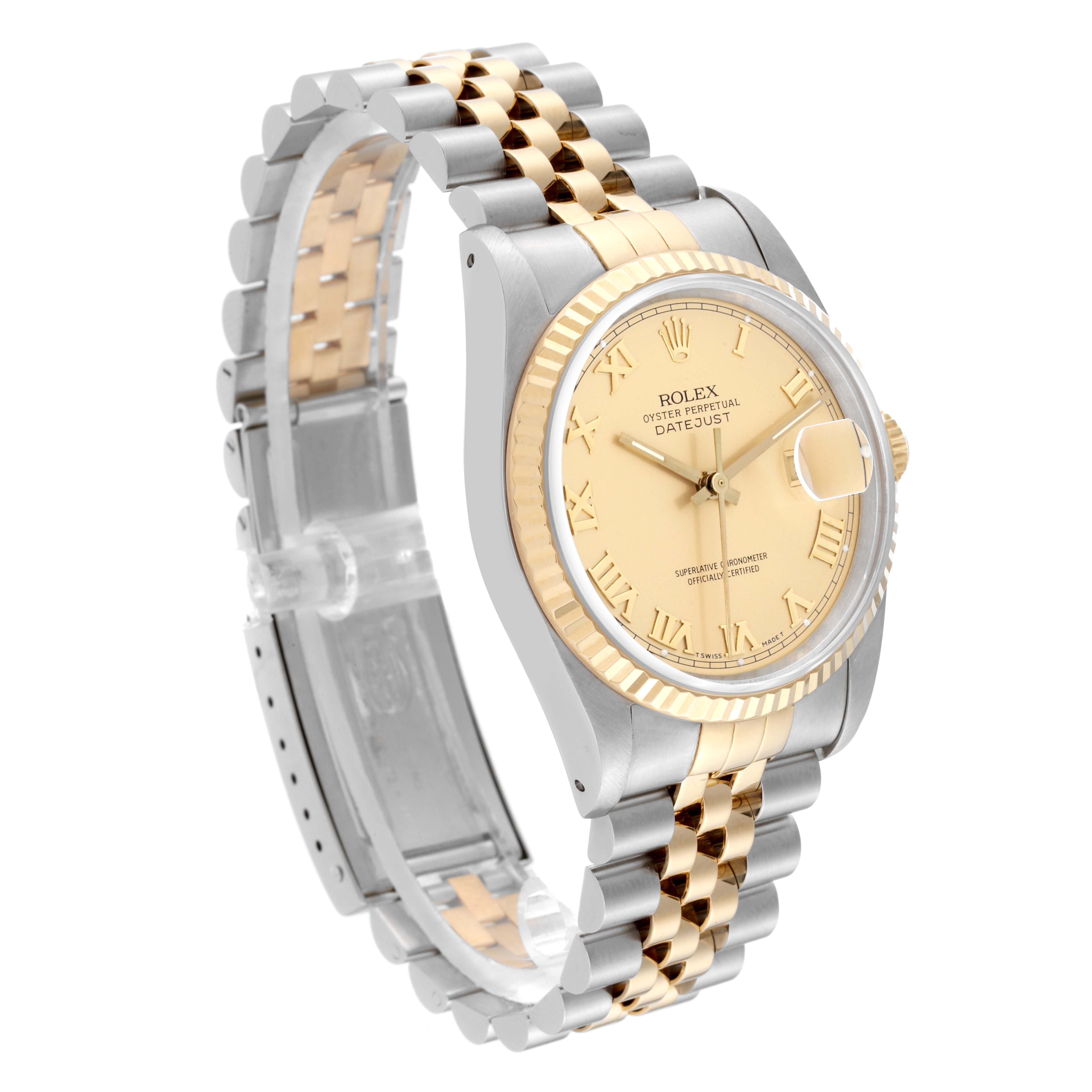 The Rolex Datejust 16233 Men's Steel and Gold (two tone) Champagne Dial 16233 Men's Steel and Gold (two tone) Champagne Dial watch is shown at a three-quarter angle, displaying its gold and stainless steel bracelet and face.