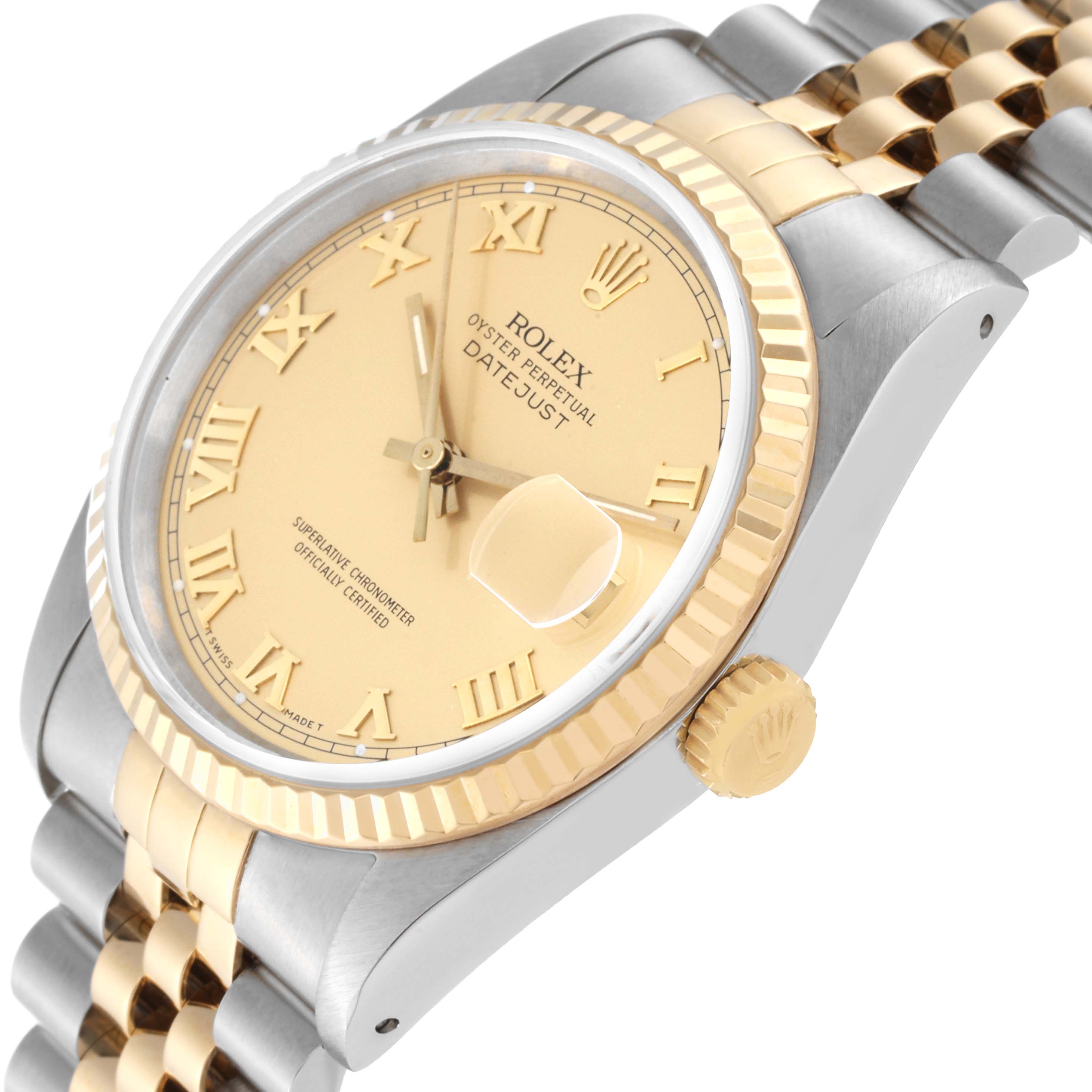 The Rolex Datejust 16233 Men's Steel and Gold (two tone) Champagne Dial 16233 Men's Steel and Gold (two tone) Champagne Dial model is shown at a three-quarter angle, displaying its dial, bezel, crown, and part of the bracelet.
