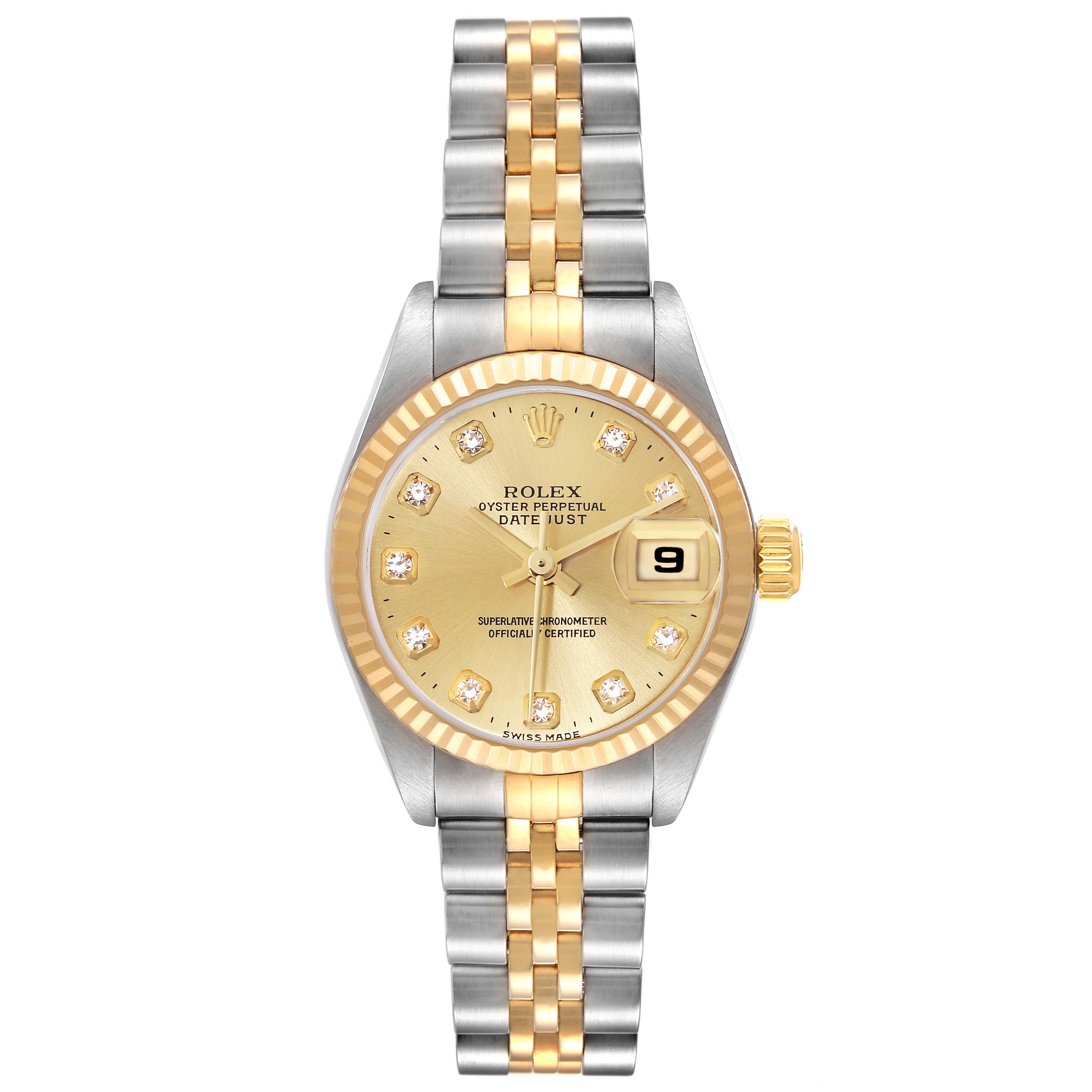 This image shows a frontal view of the Rolex Datejust 79173G Women's Steel and Gold (two tone) Champagne Dial 79173G Women's Steel and Gold (two tone) Champagne Dial watch, including its dial, bezel, and bracelet.