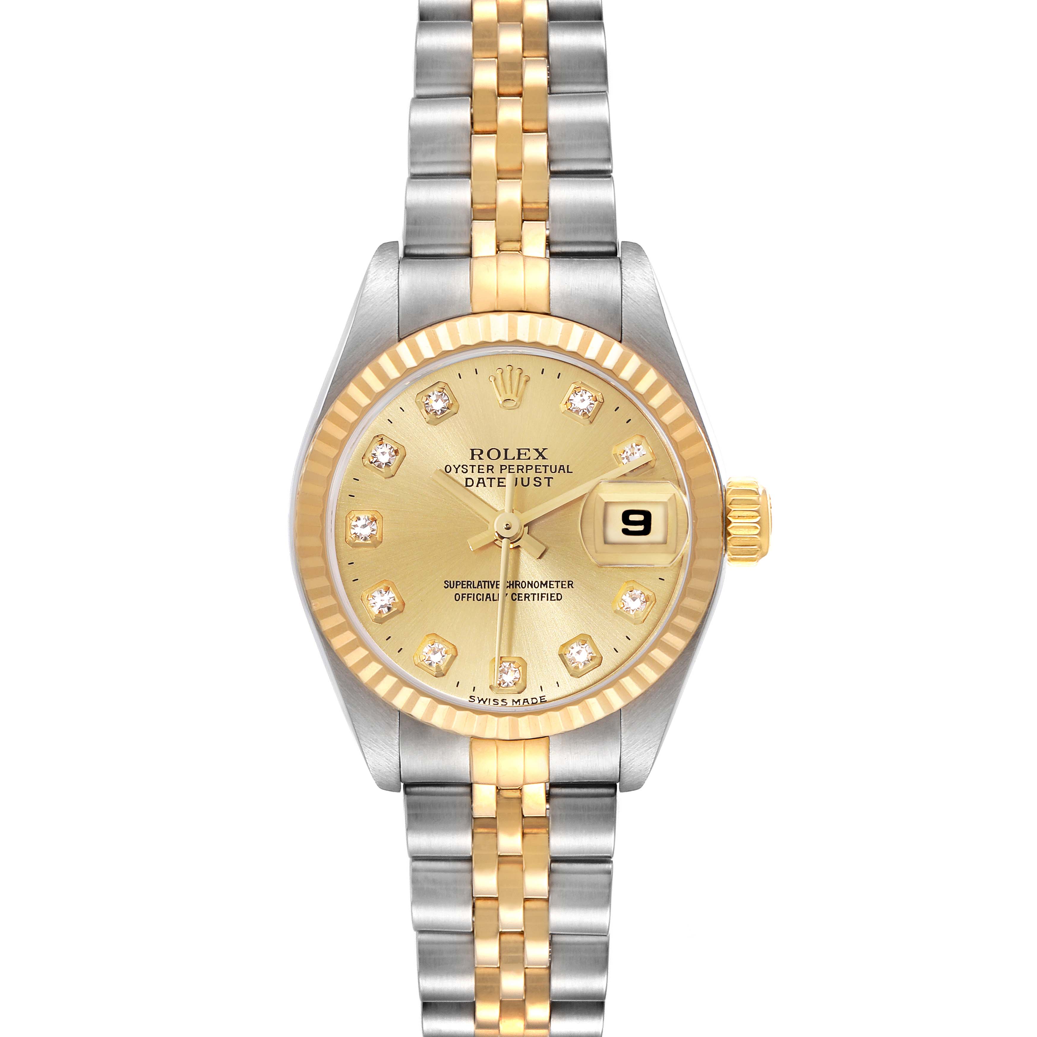 The image shows a front view of a Rolex Datejust 79173G Women's Steel and Gold (two tone) Champagne Dial 79173G Women's Steel and Gold (two tone) Champagne Dial with a two-tone bracelet, gold dial, and date display.