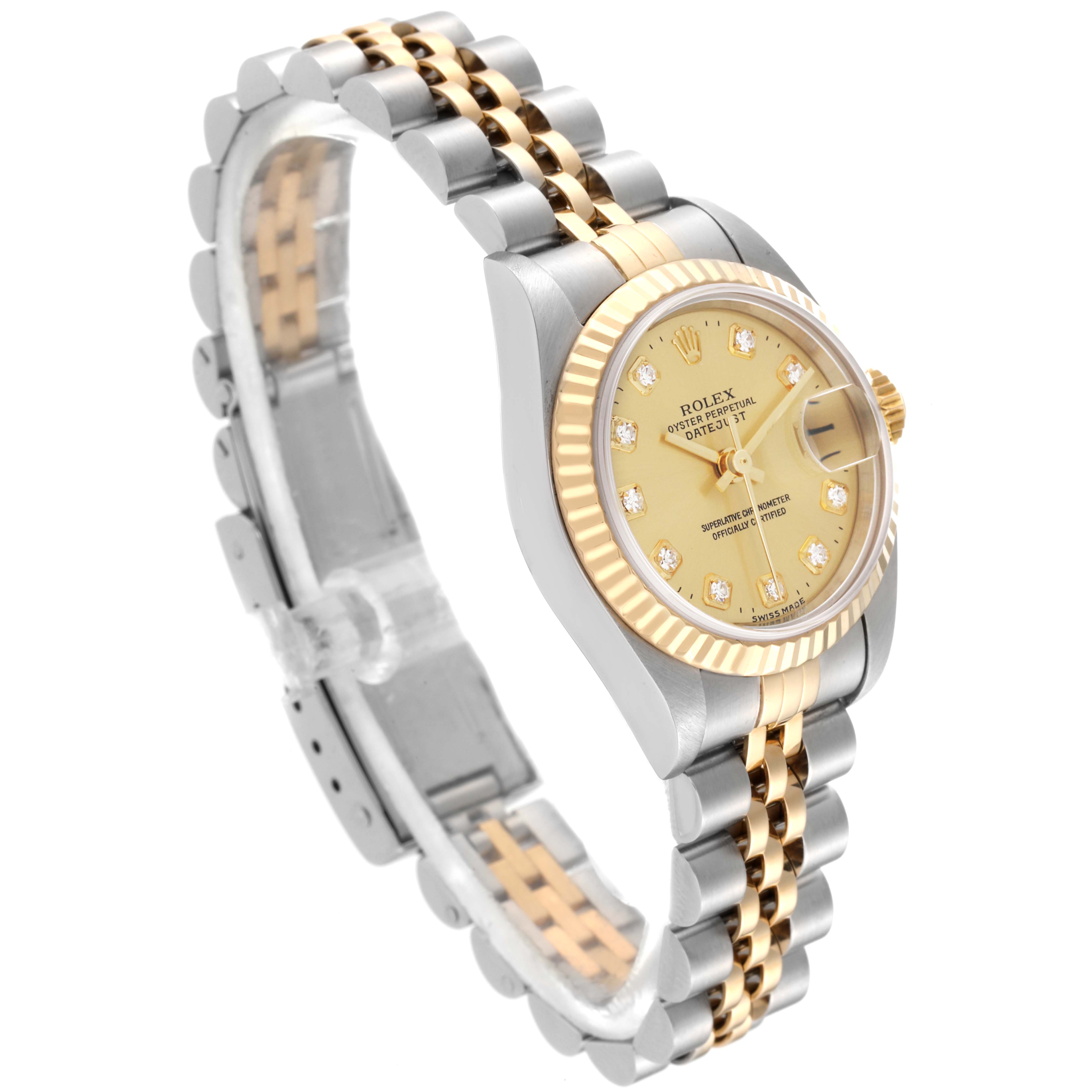 The image shows a Rolex Datejust 79173G Women's Steel and Gold (two tone) Champagne Dial 79173G Women's Steel and Gold (two tone) Champagne Dial watch at a slight angle, highlighting its gold bezel, champagne dial, and two-tone bracelet.