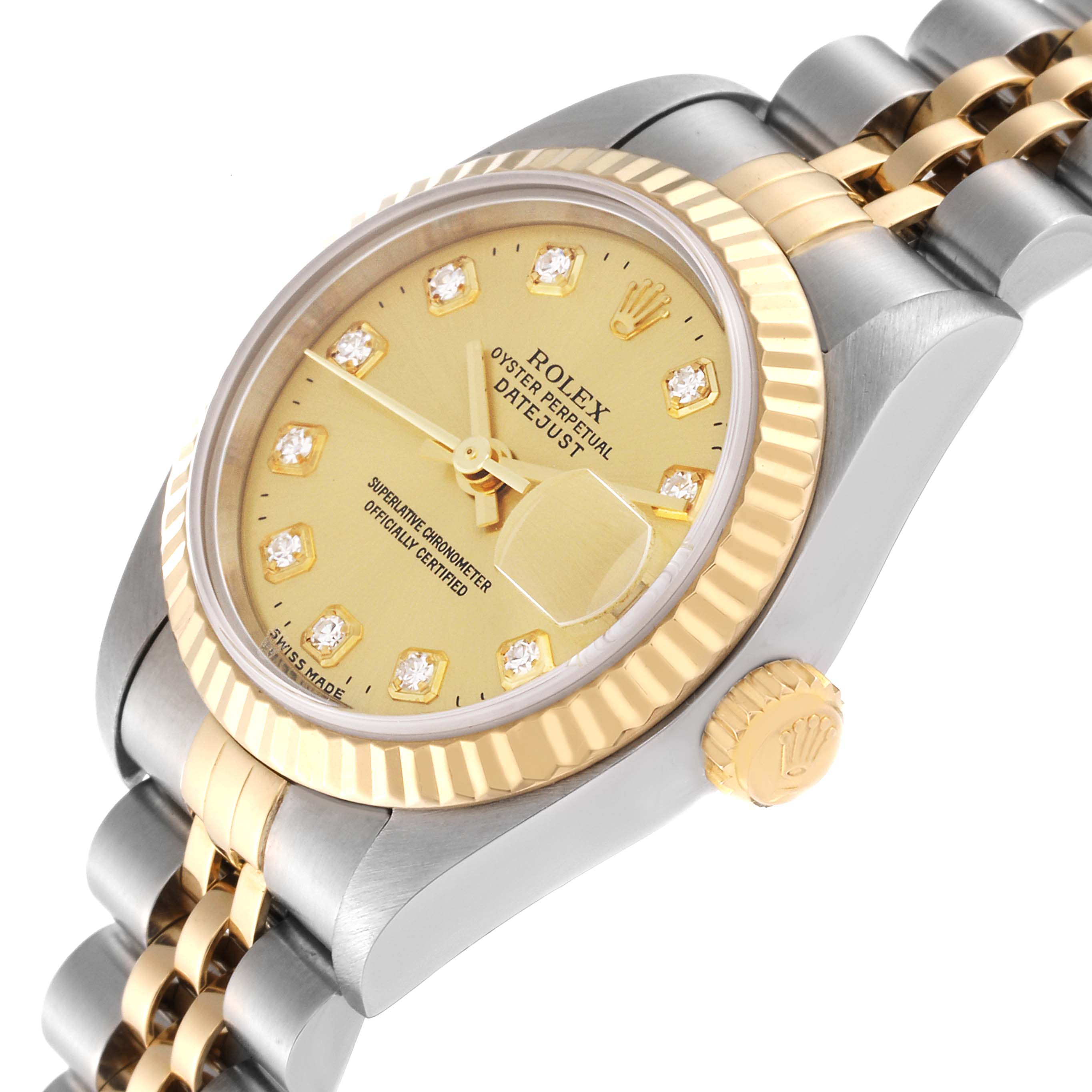The image shows a close-up, angled view of a Rolex Datejust 79173G Women's Steel and Gold (two tone) Champagne Dial 79173G Women's Steel and Gold (two tone) Champagne Dial watch, highlighting its face, crown, and two-tone bracelet.