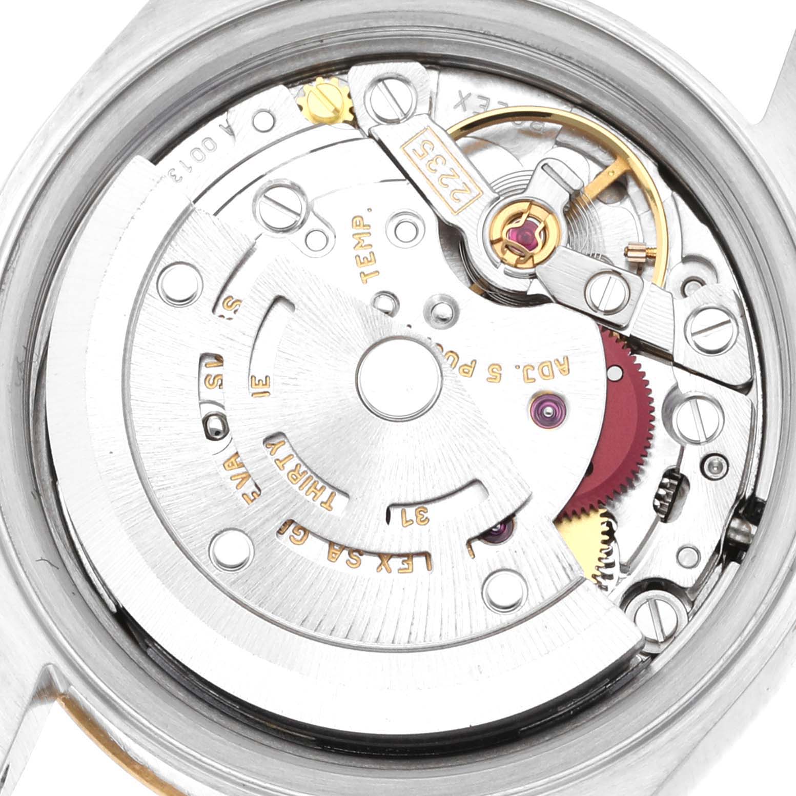 This image shows the movement of a Rolex Datejust 79173G Women's Steel and Gold (two tone) Champagne Dial 79173G Women's Steel and Gold (two tone) Champagne Dial watch, viewed from the back, revealing its intricate mechanical components.