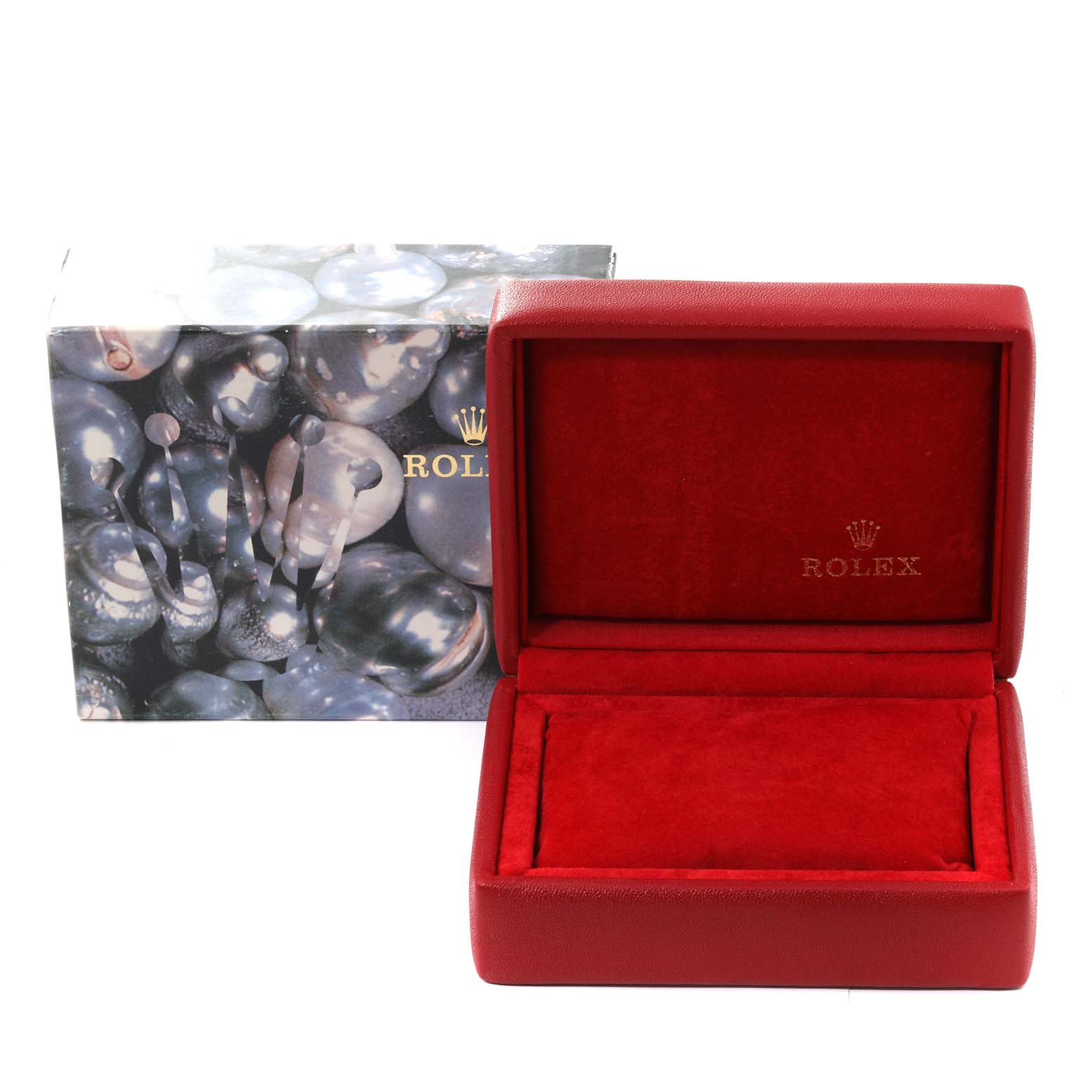 The image shows an open red Rolex watch box and its decorative outer box for the Datejust model by Rolex.