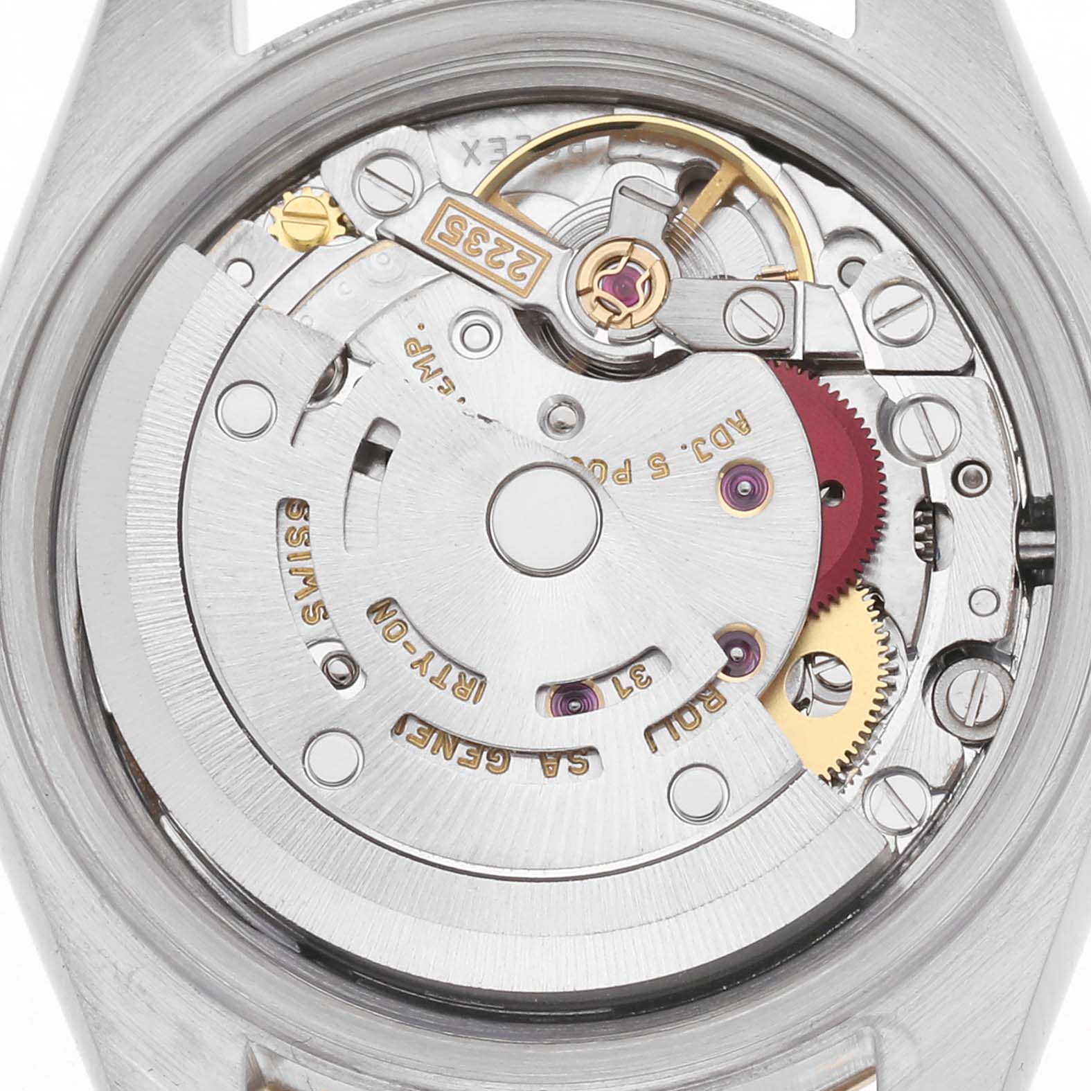 The image shows the movement mechanism of a Rolex Datejust 79173 Women
s Steel and Gold (two tone) Champagne Dial 79173 Women
s Steel and Gold (two tone) Champagne Dial watch from a top-down angle.