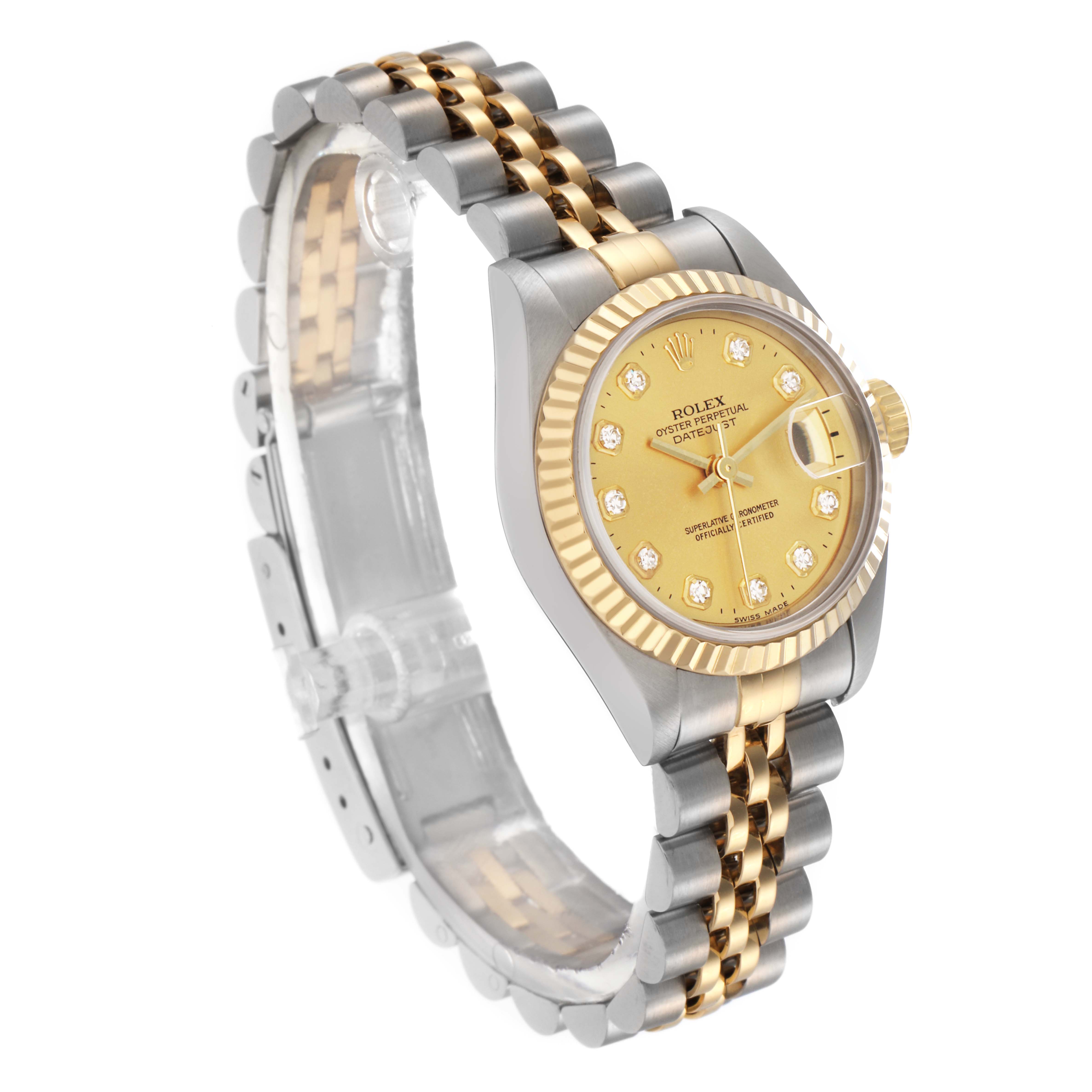 The watch is a Rolex Datejust 79173 Women
s Steel and Gold (two tone) Champagne Dial 79173 Women
s Steel and Gold (two tone) Champagne Dial, shown at a 3/4 angle, featuring its gold and silver bracelet, bezel, and champagne dial with diamond markers.