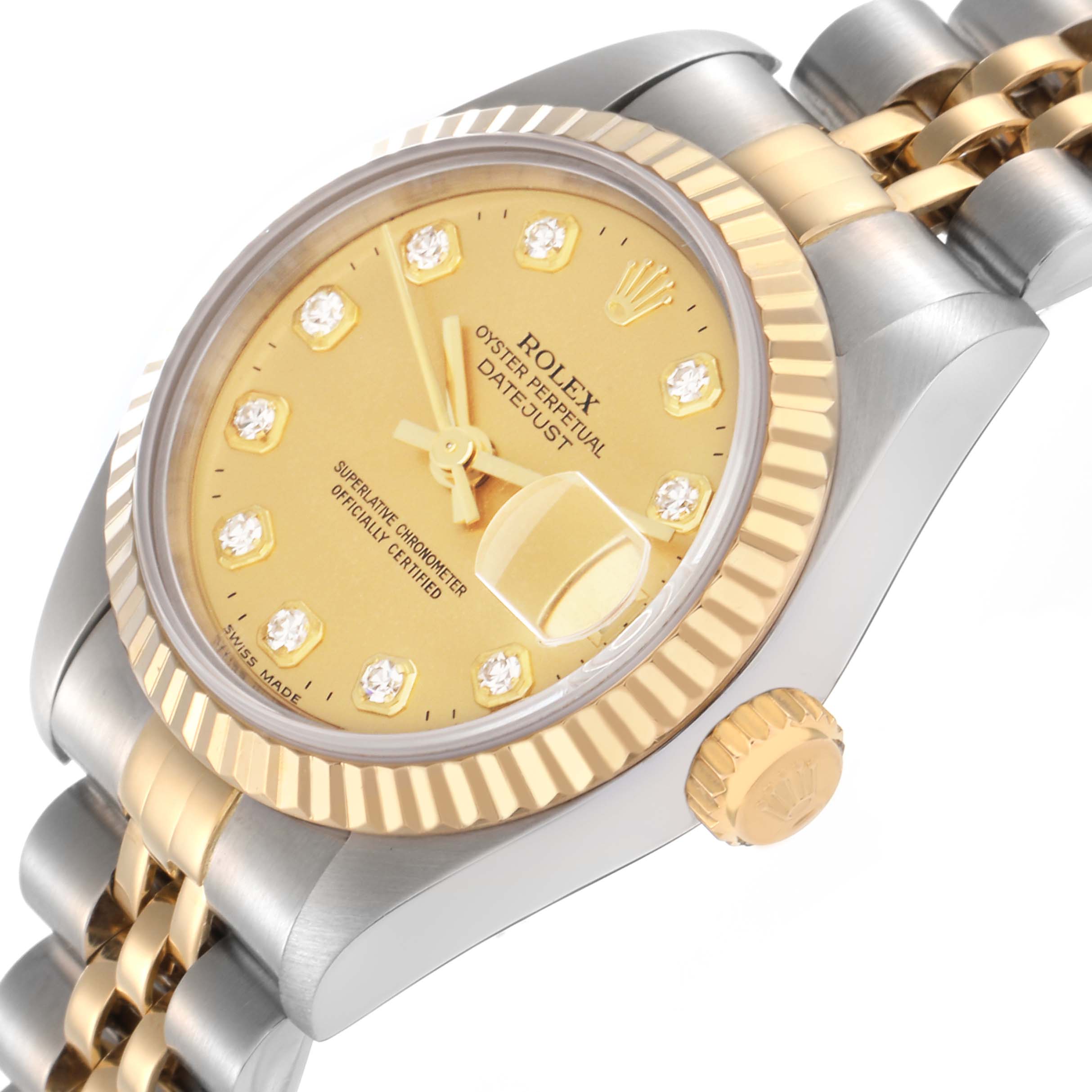 The Rolex Datejust 79173 Women
s Steel and Gold (two tone) Champagne Dial 79173 Women
s Steel and Gold (two tone) Champagne Dial watch is shown from a side angle, highlighting the gold bezel, crown, Jubilee bracelet, and diamond hour markers.