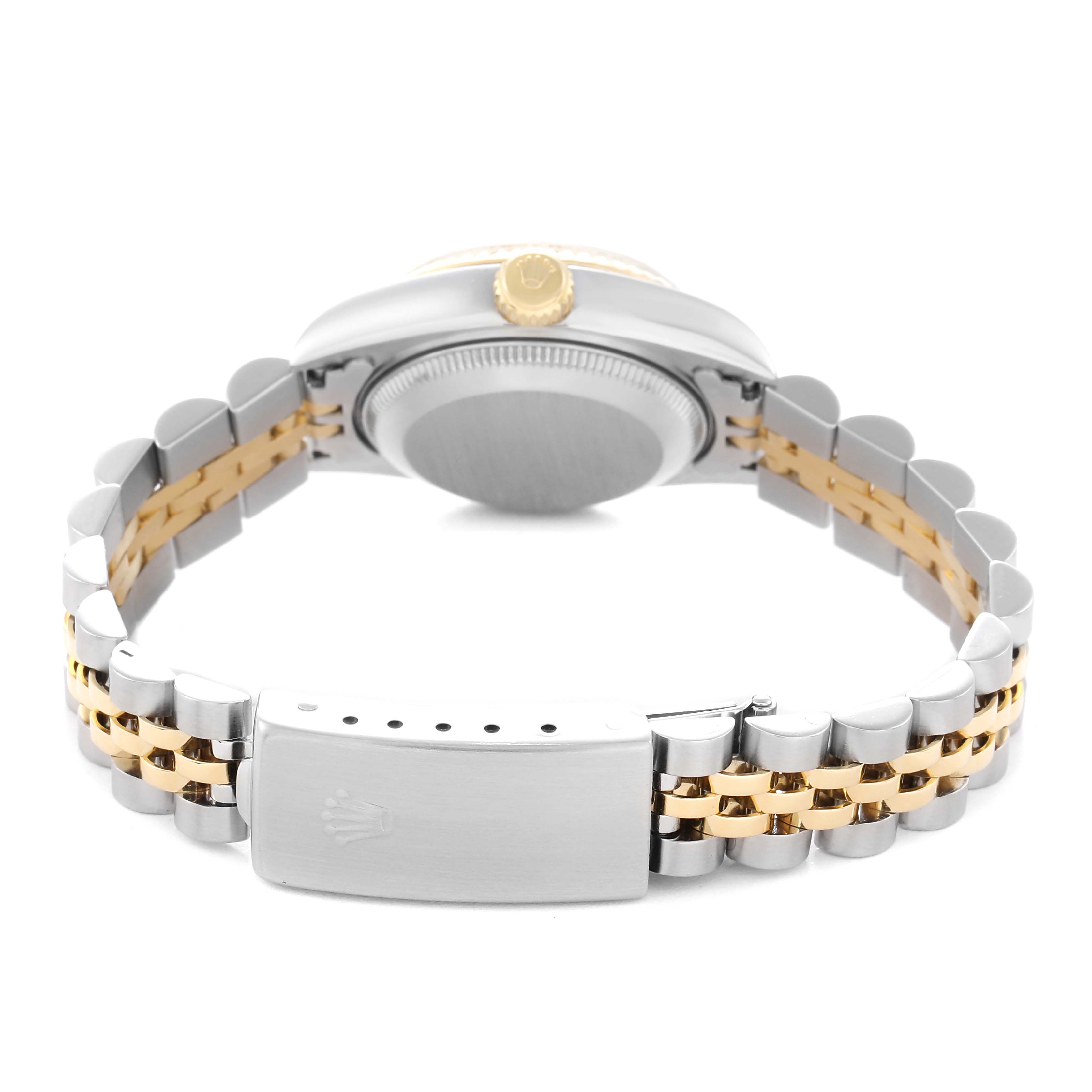 The Rolex Datejust 79173 Women
s Steel and Gold (two tone) Champagne Dial 79173 Women
s Steel and Gold (two tone) Champagne Dial watch is shown from the side, highlighting the bracelet, clasp, and case back.