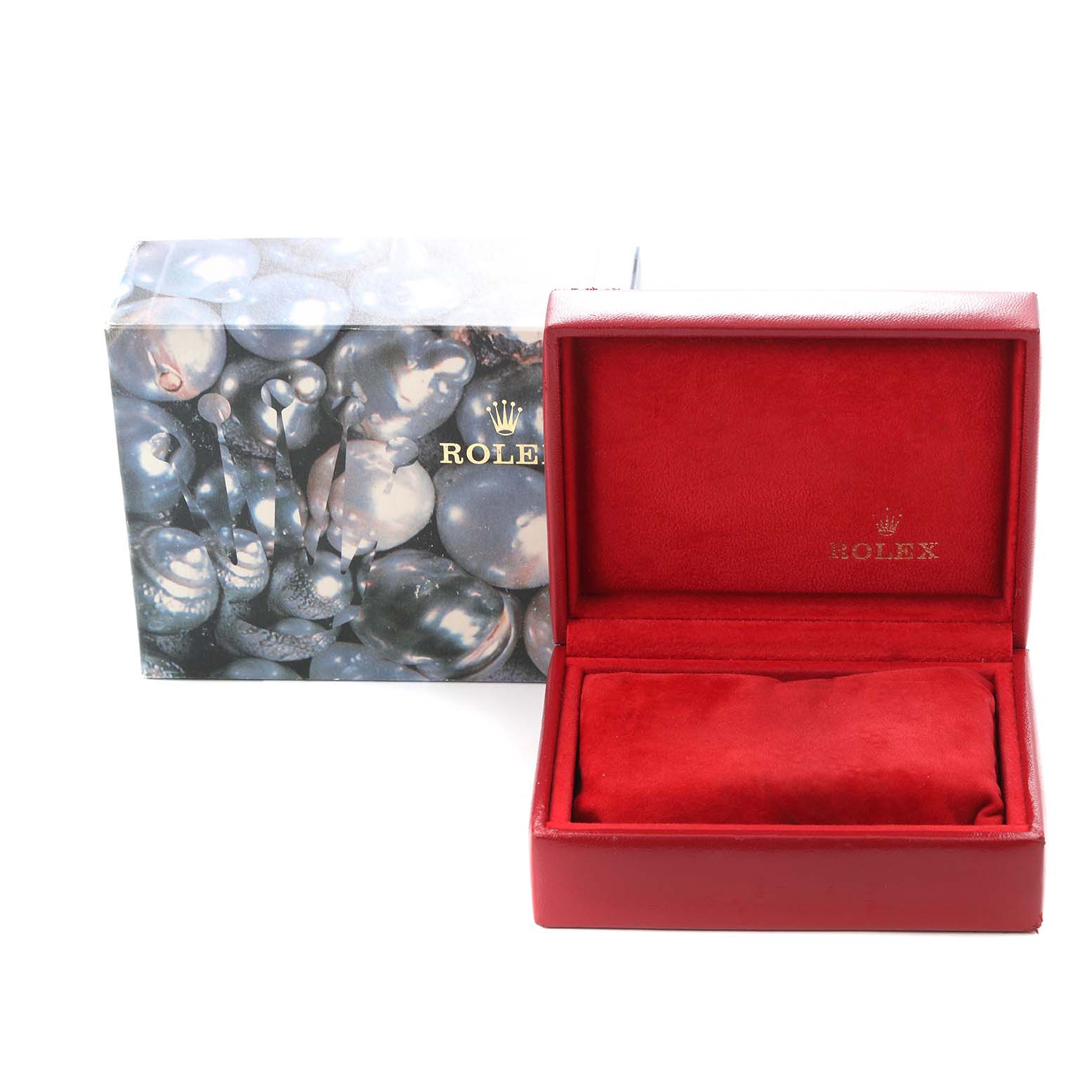 This image shows the open red case and outer box for a Rolex Datejust 79173 Women
s Steel and Gold (two tone) Champagne Dial 79173 Women
s Steel and Gold (two tone) Champagne Dial watch, with the brand logo visible inside the case.