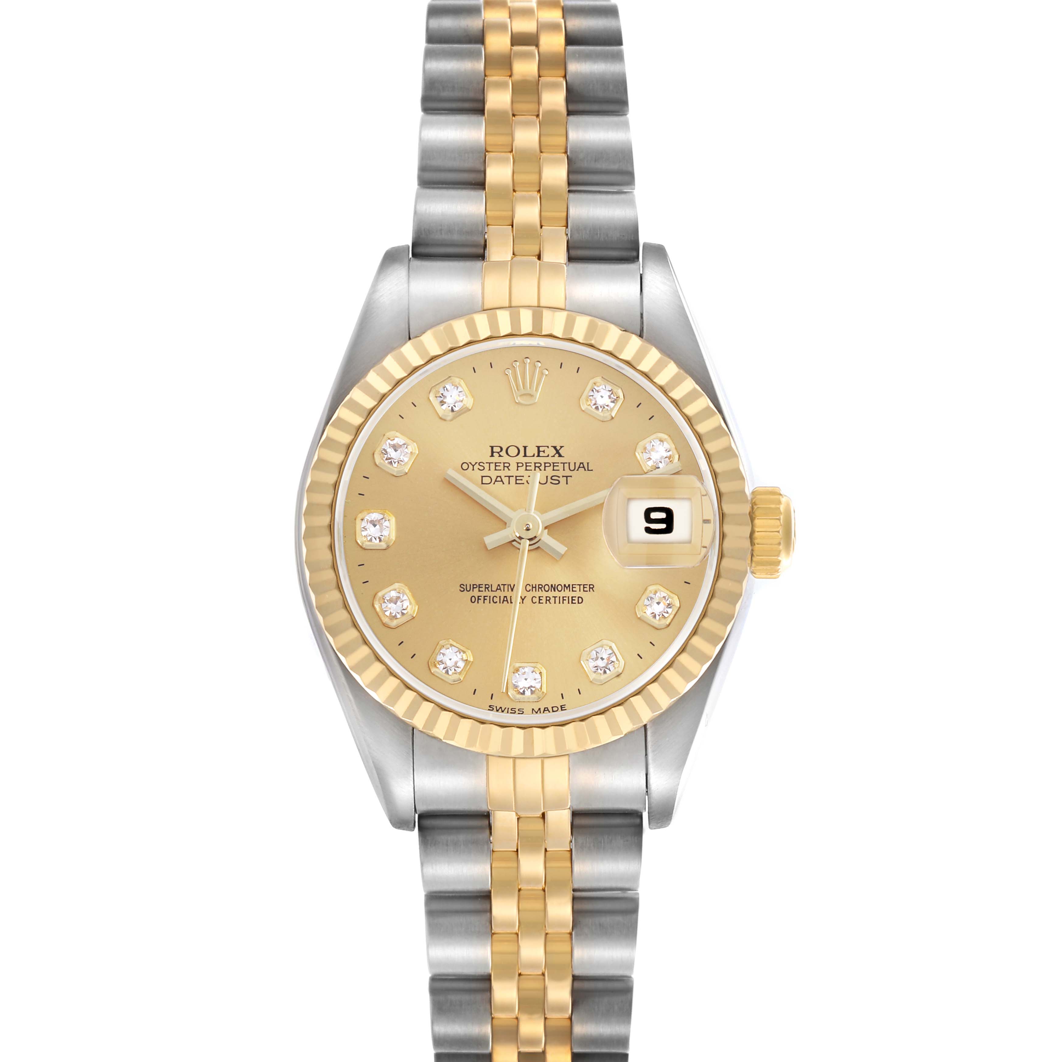 The Rolex Datejust 79173 Women
s Steel and Gold (two tone) Champagne Dial 79173 Women
s Steel and Gold (two tone) Champagne Dial watch is shown from a straight-on angle, displaying the full face, bezel, and two-tone bracelet.