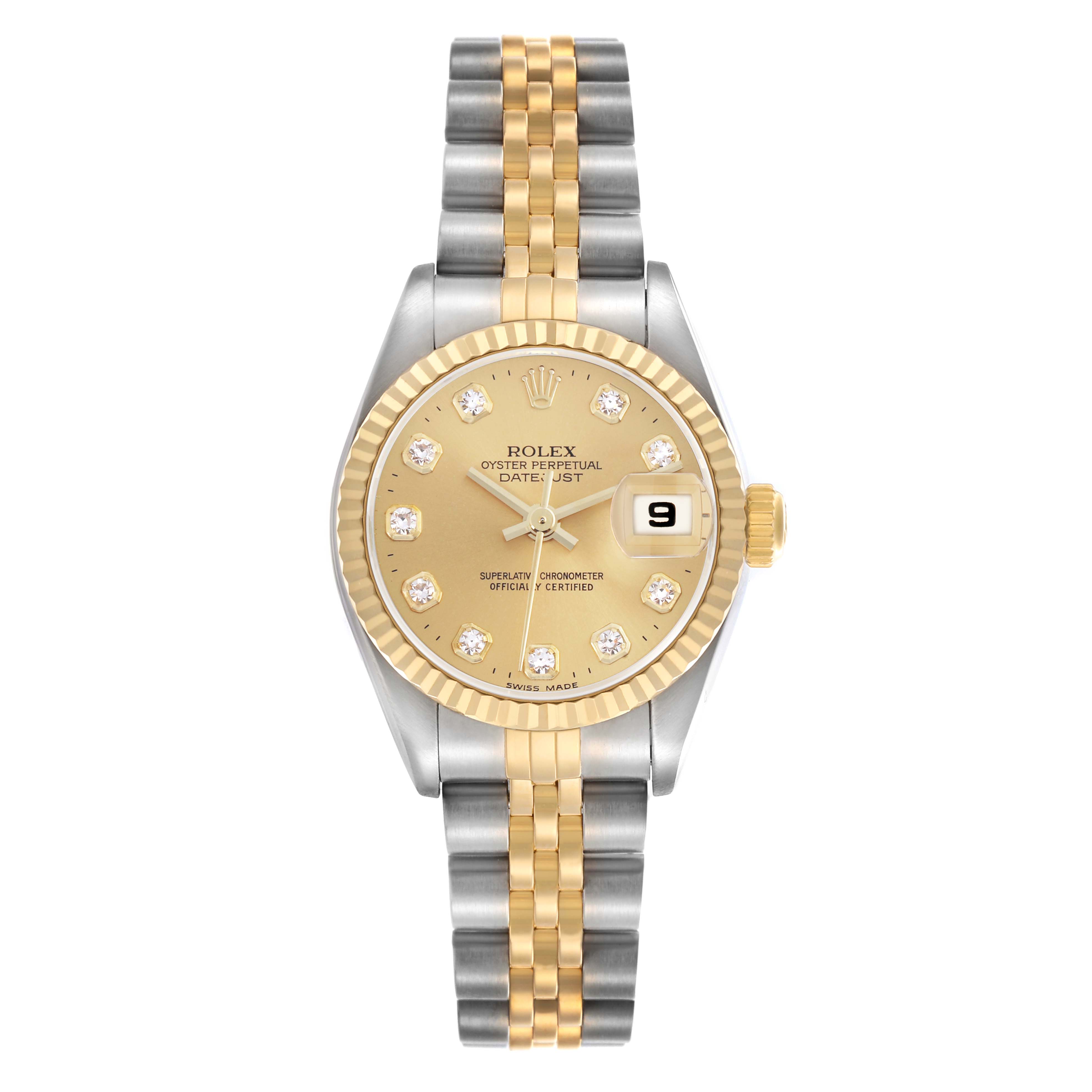 The Rolex Datejust 79173 Women
s Steel and Gold (two tone) Champagne Dial 79173 Women
s Steel and Gold (two tone) Champagne Dial watch is shown from a top-down angle, highlighting the bezel, face, bracelet, and date window.