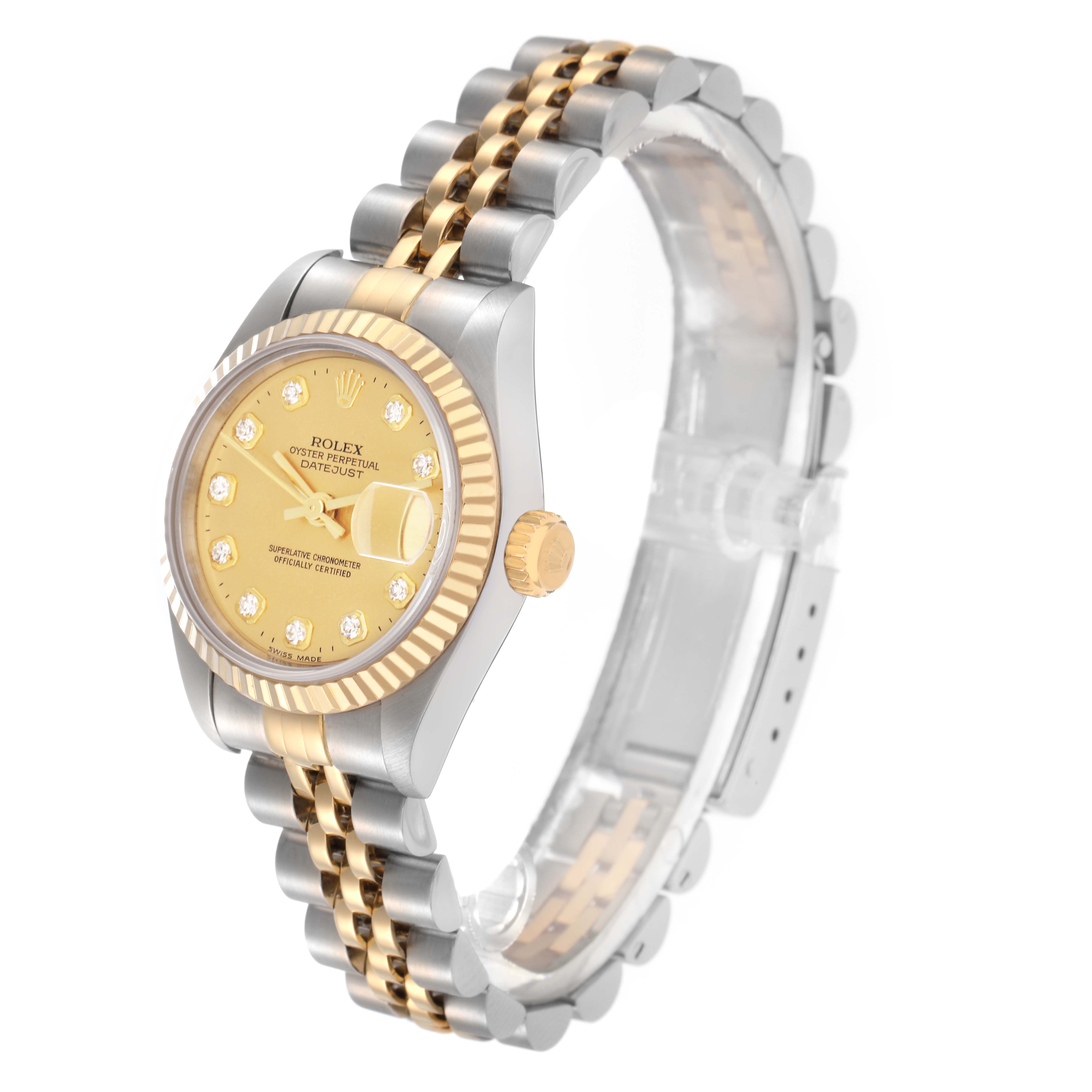 The Rolex Datejust 79173 Women
s Steel and Gold (two tone) Champagne Dial 79173 Women
s Steel and Gold (two tone) Champagne Dial watch is shown at a three-quarter angle, highlighting the gold bezel, dial, and two-tone bracelet.