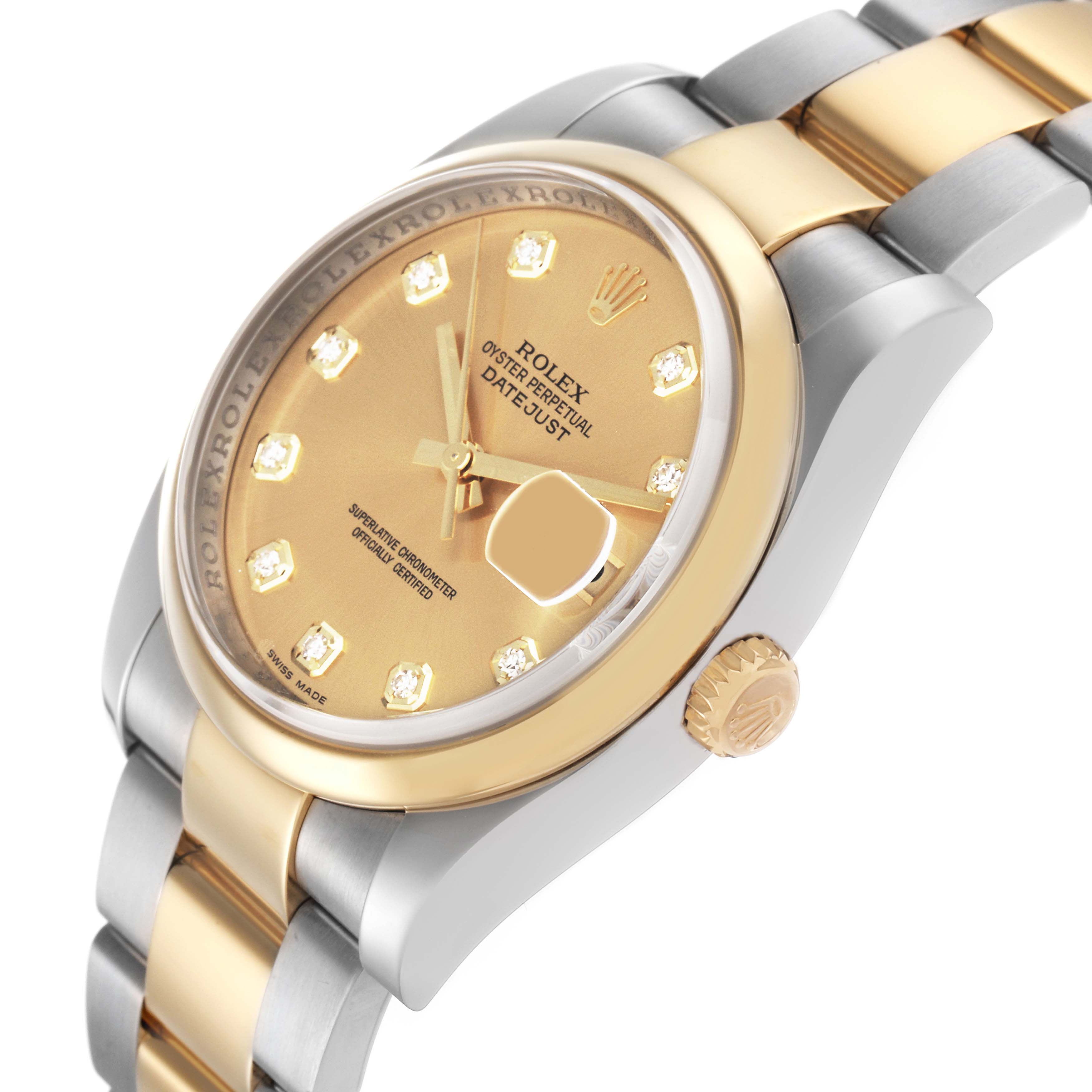 The image shows a Rolex Datejust 116203 Men
s Steel and Gold (two tone) Champagne Dial 116203 Men
s Steel and Gold (two tone) Champagne Dial watch at an angled view, highlighting the dial, bezel, crown, and two-tone bracelet.