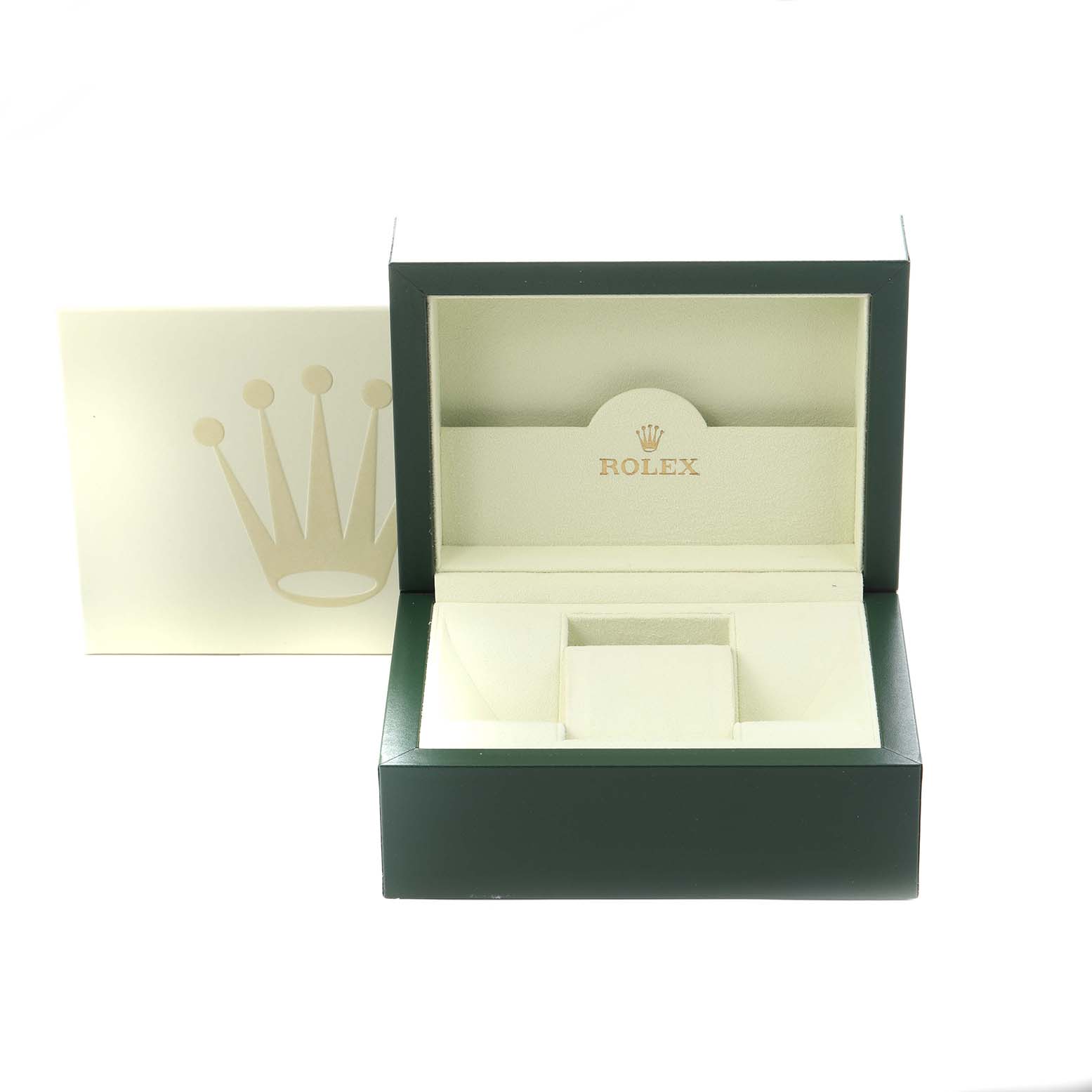 The image shows an open Rolex watch box and outer packaging, designed for the Datejust model.