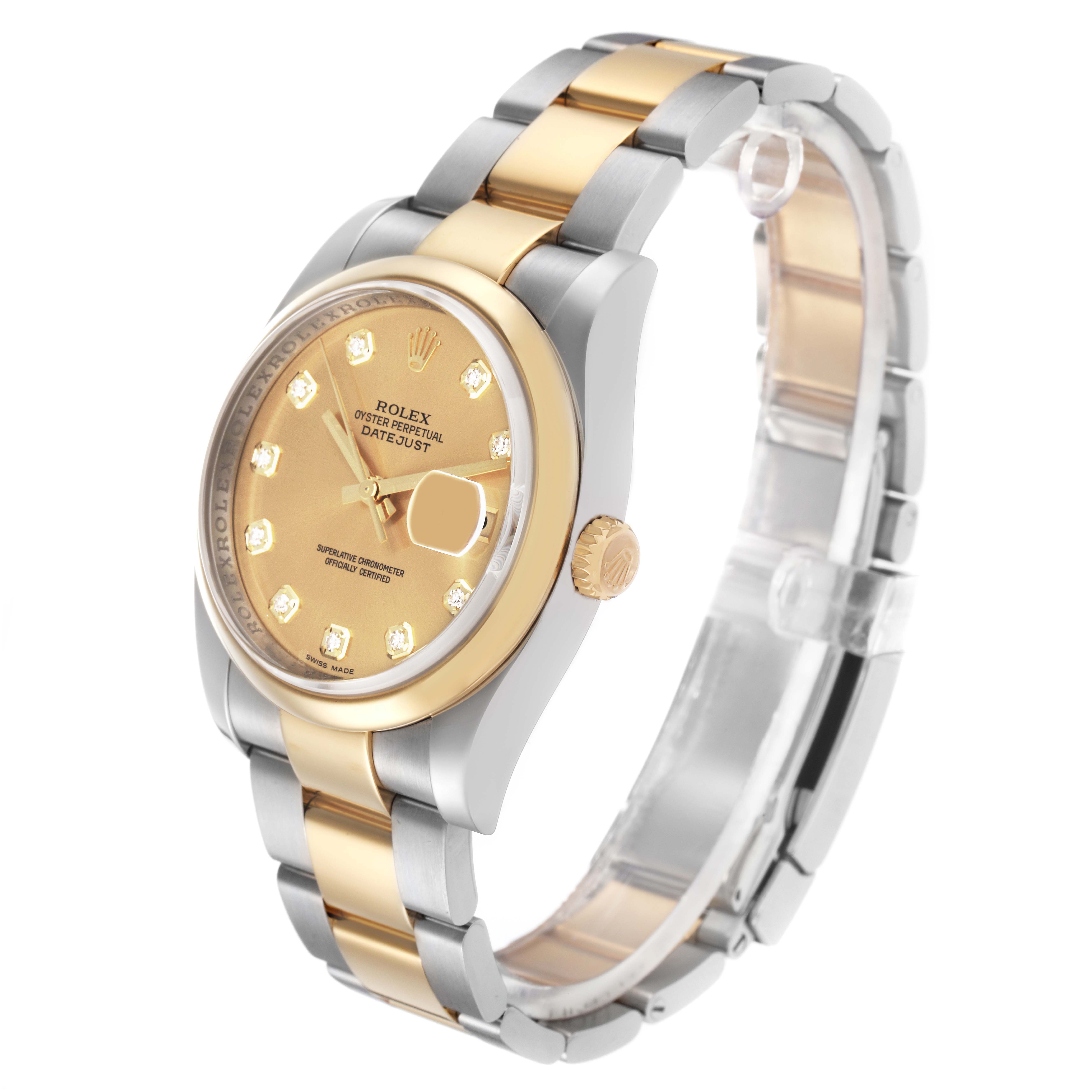 The image shows a Rolex Datejust 116203 Men
s Steel and Gold (two tone) Champagne Dial 116203 Men
s Steel and Gold (two tone) Champagne Dial watch at a three-quarter angle, highlighting the gold and silver case, bracelet, and bezel.