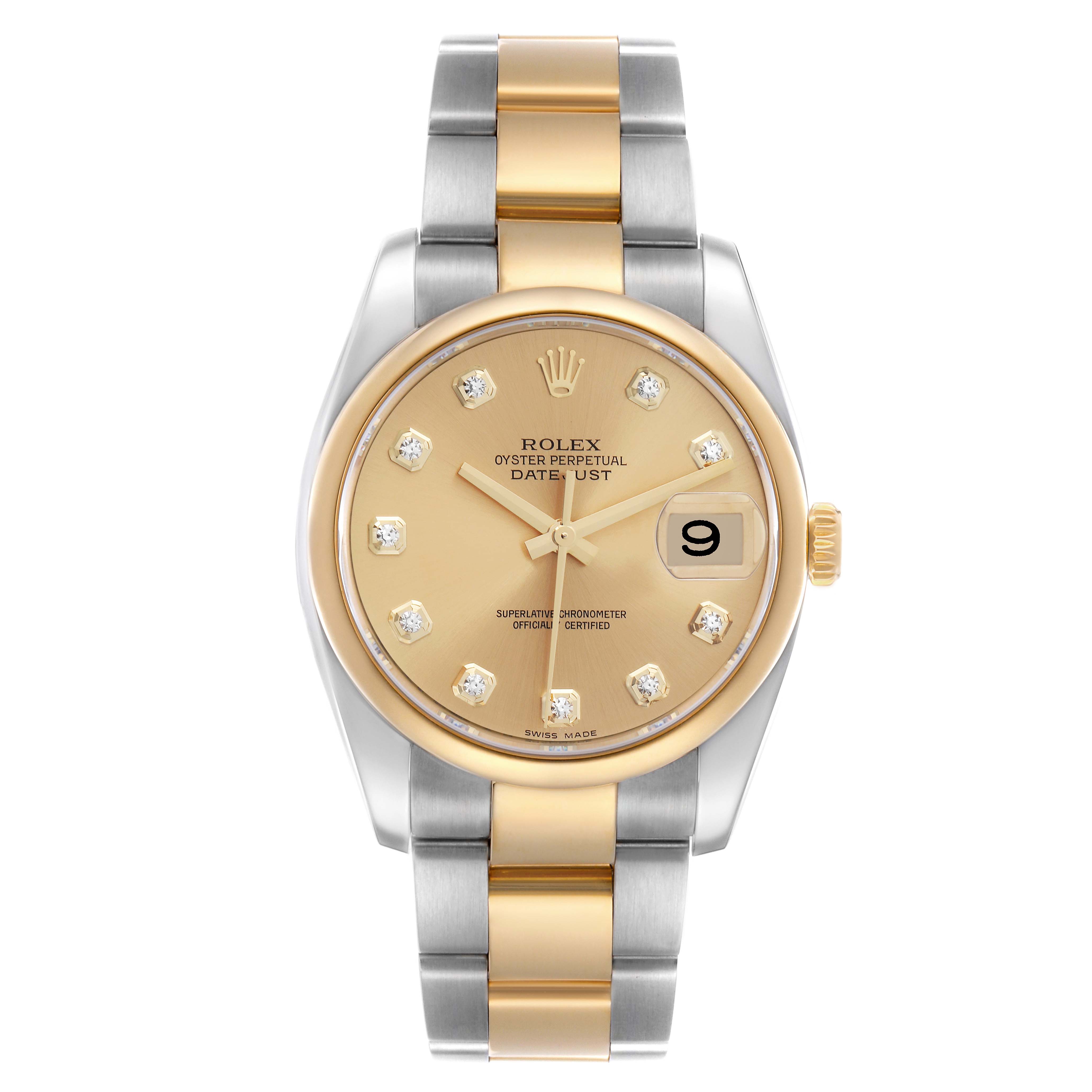 The Rolex Datejust 116203 Men
s Steel and Gold (two tone) Champagne Dial 116203 Men
s Steel and Gold (two tone) Champagne Dial watch is shown from a front angle, highlighting the dial, bezel, crown, and bracelet.