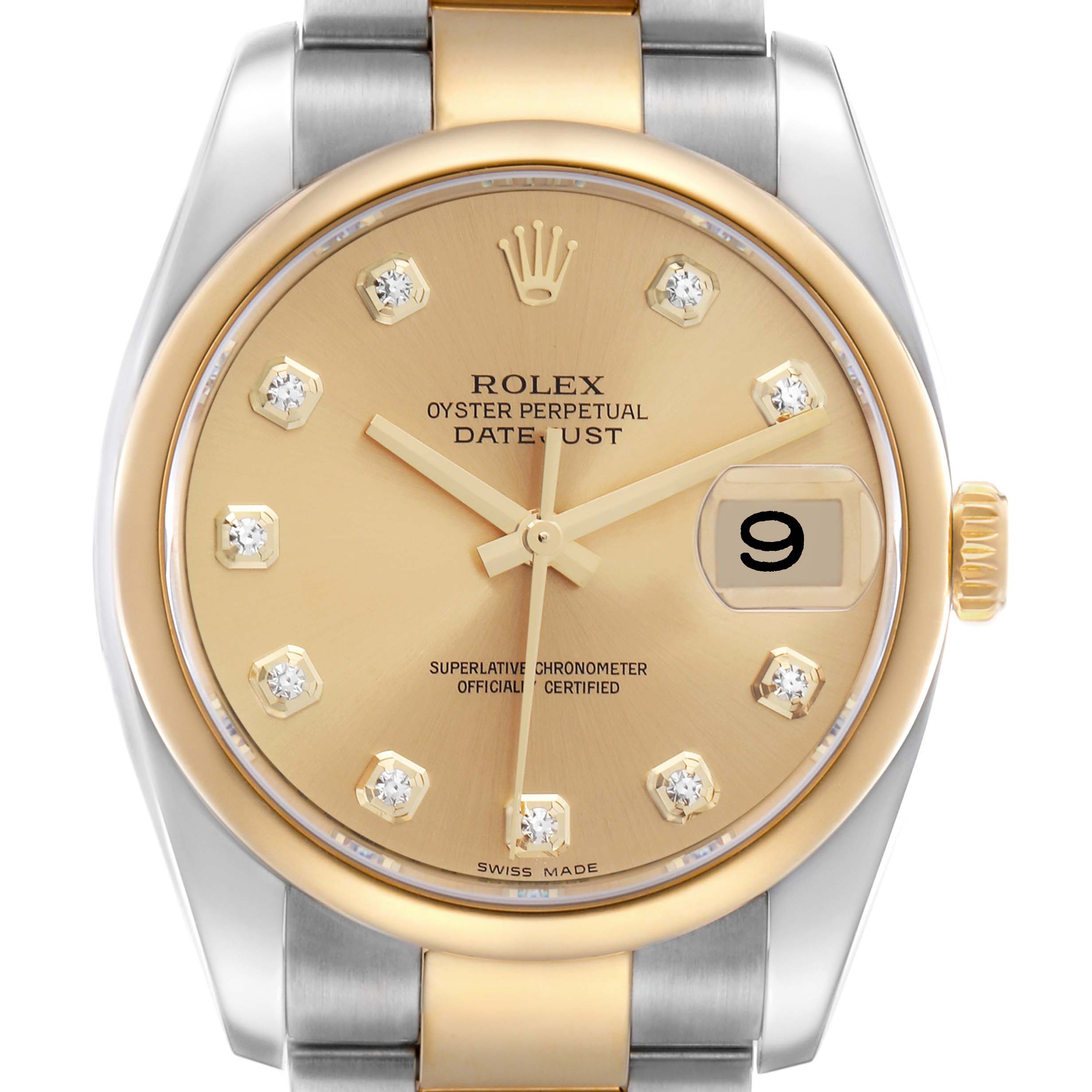 The Rolex Datejust 116203 Men
s Steel and Gold (two tone) Champagne Dial 116203 Men
s Steel and Gold (two tone) Champagne Dial watch is shown from the front, highlighting its gold bezel, dial, and diamond hour markers.