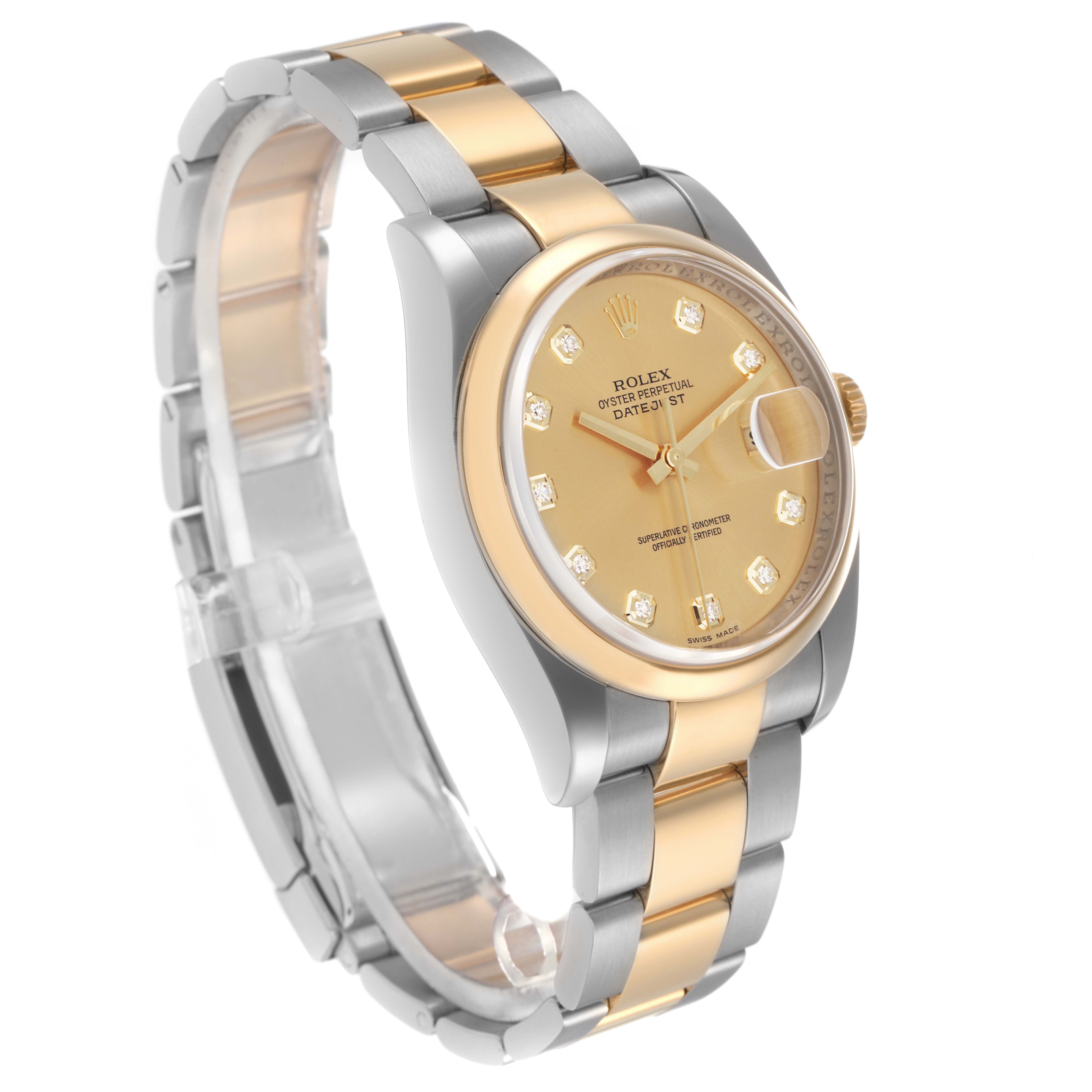 The Rolex Datejust 116203 Men
s Steel and Gold (two tone) Champagne Dial 116203 Men
s Steel and Gold (two tone) Champagne Dial watch is shown at a three-quarter angle, displaying its dial, bezel, and bi-metal bracelet.