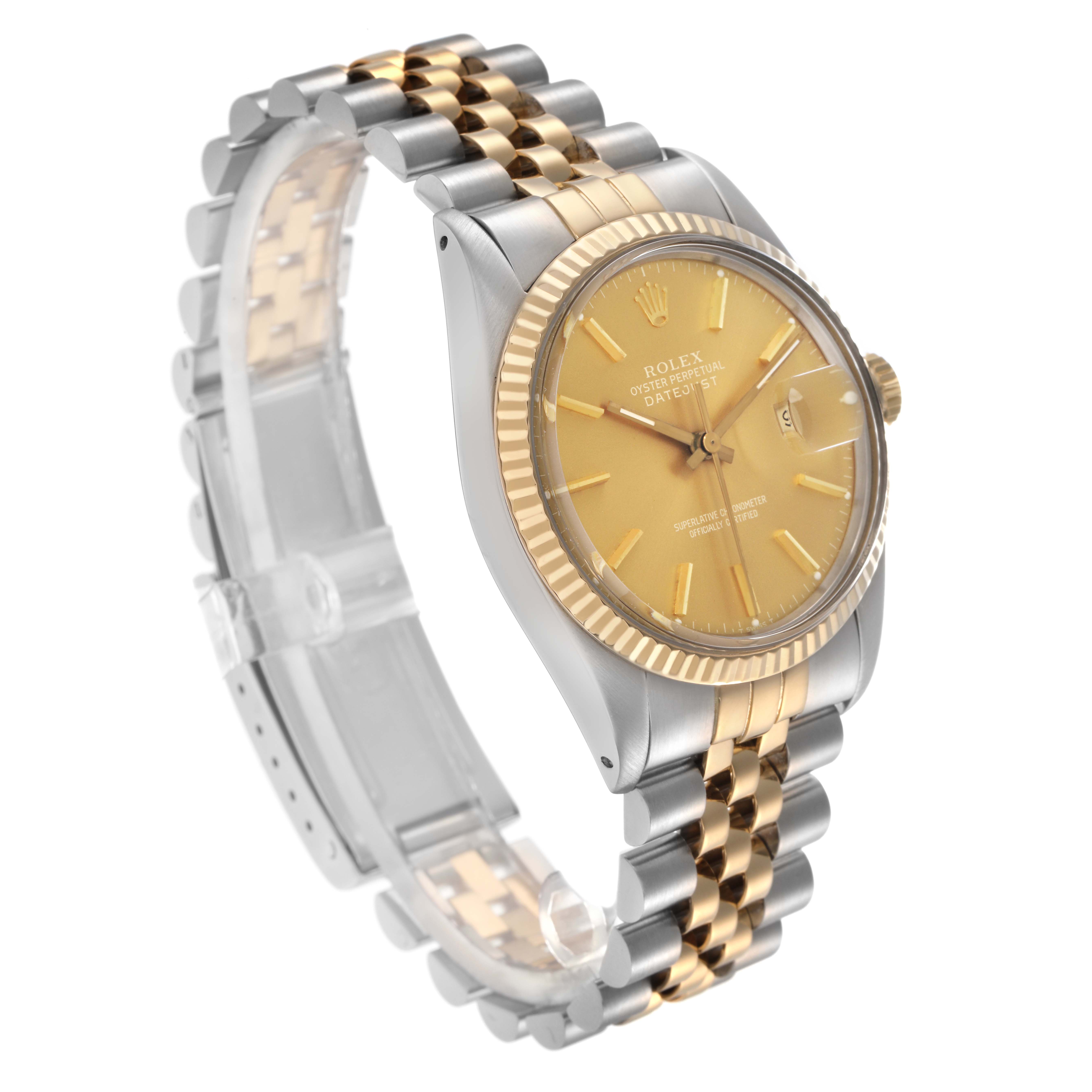 The Rolex Vintage Collection 16013 Men
s Steel and Gold (two tone) Champagne Dial 16013 Men
s Steel and Gold (two tone) Champagne Dial watch is shown at a three-quarter angle, displaying the gold dial, bezel, and two-tone bracelet.