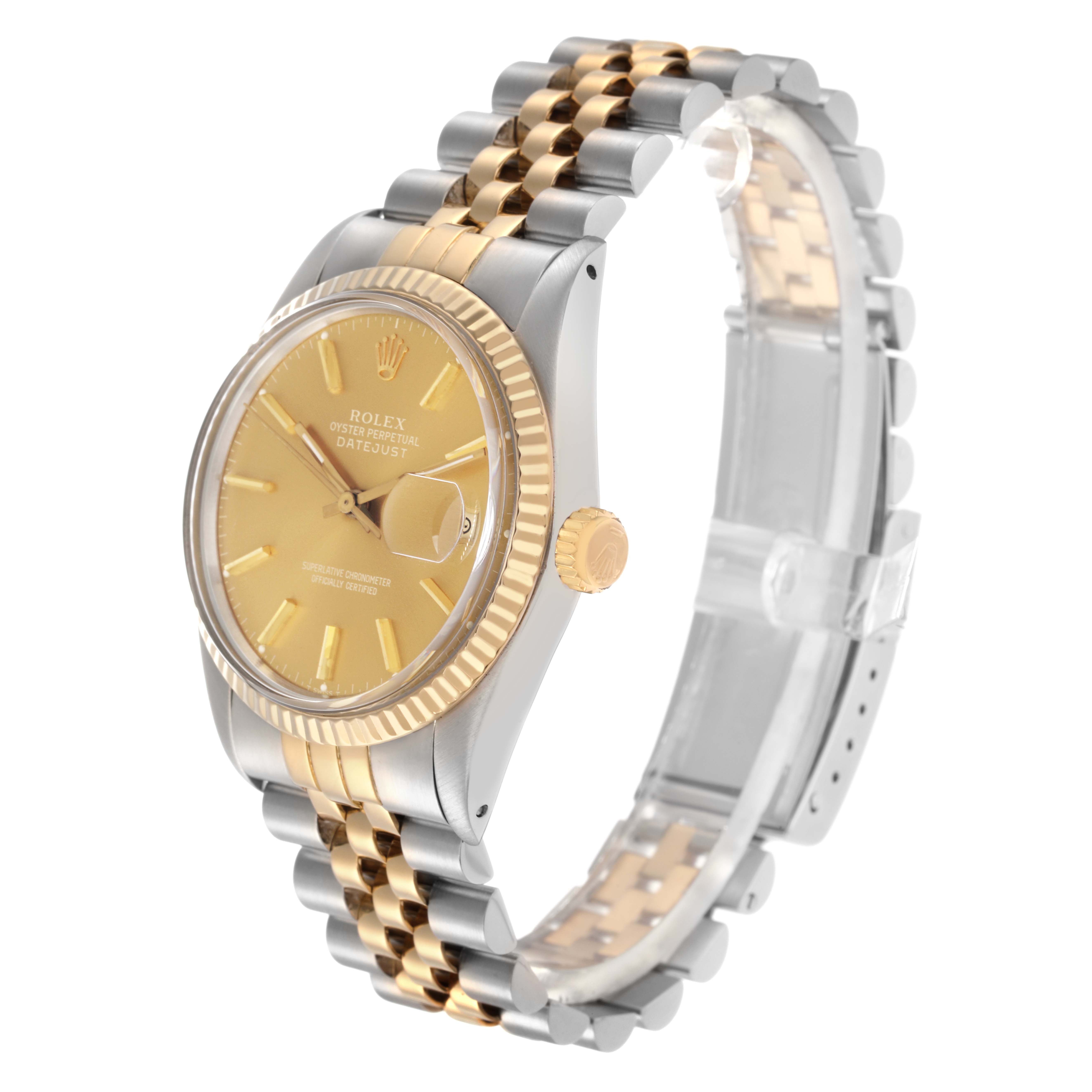 The Rolex Vintage Collection 16013 Men
s Steel and Gold (two tone) Champagne Dial 16013 Men
s Steel and Gold (two tone) Champagne Dial watch is shown at a three-quarter angle, displaying the dial, crown, and bracelet.