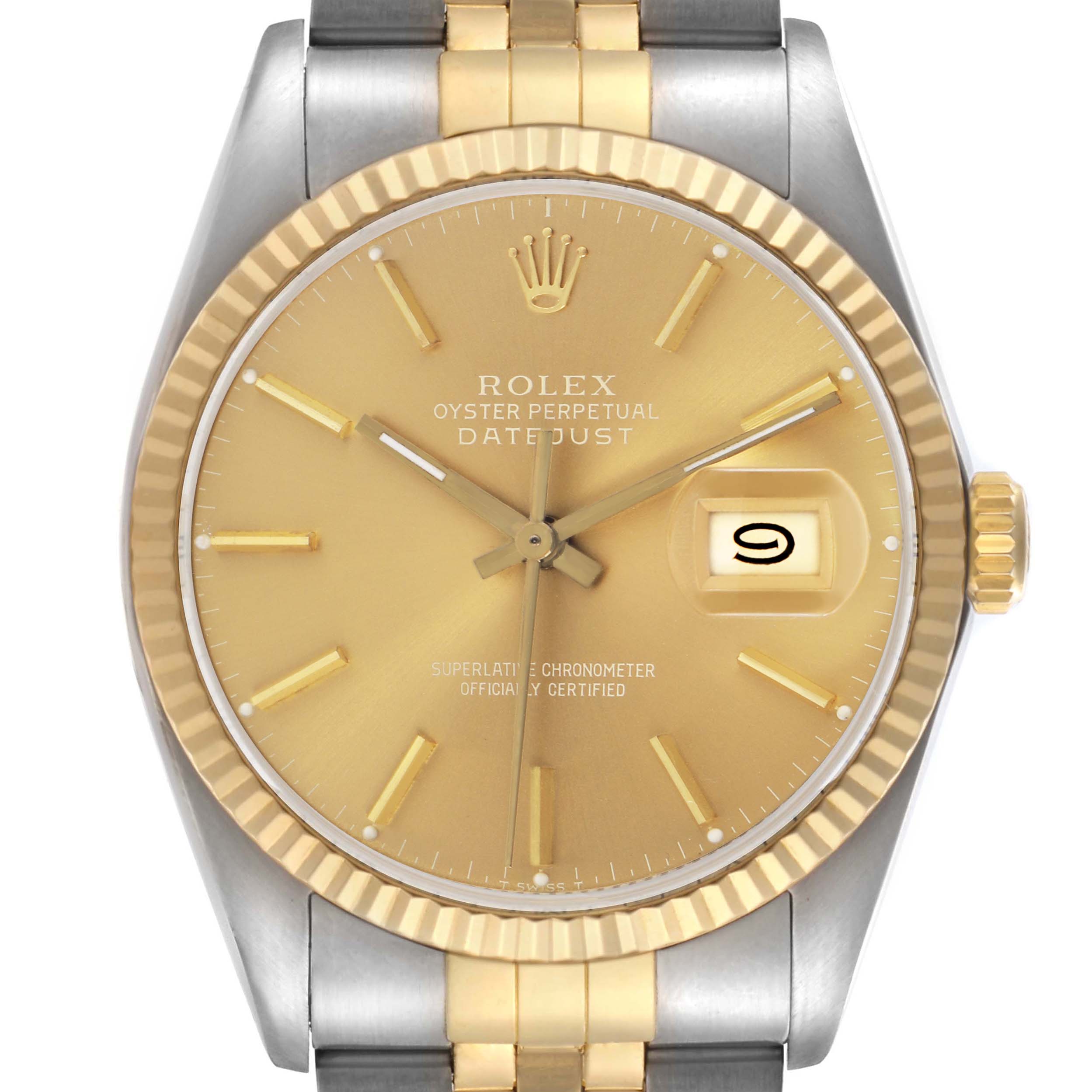 The Rolex Vintage Collection 16013 Men
s Steel and Gold (two tone) Champagne Dial 16013 Men
s Steel and Gold (two tone) Champagne Dial model is shown from the front, highlighting its gold dial, fluted bezel, and metal bracelet.
