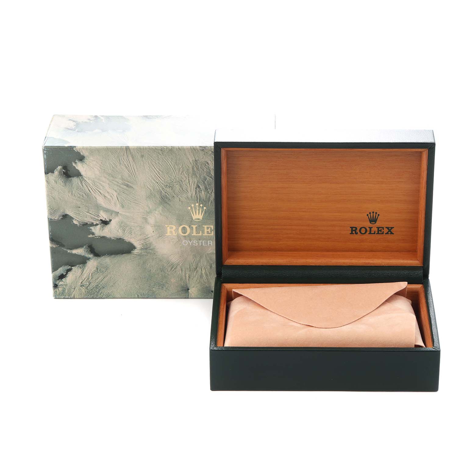 The image shows the box and packaging for a Rolex Vintage Collection 16013 Men
s Steel and Gold (two tone) Champagne Dial 16013 Men
s Steel and Gold (two tone) Champagne Dial watch, viewed from the front with the lid open.